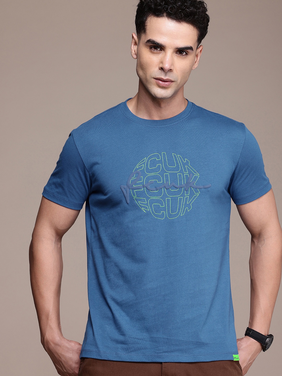 

FCUK Brand Logo Printed Pure Cotton T-shirt, Blue