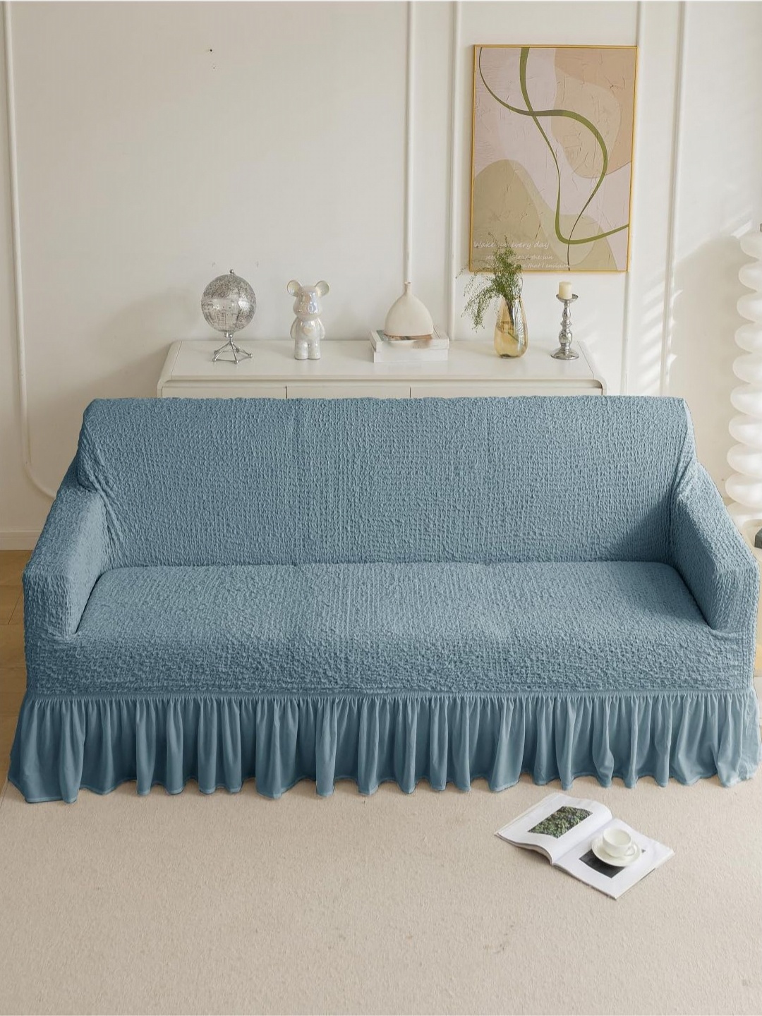 

HOUSE OF QUIRK Italian Blue Self Design 3 Seater Sofa Cover With Arms