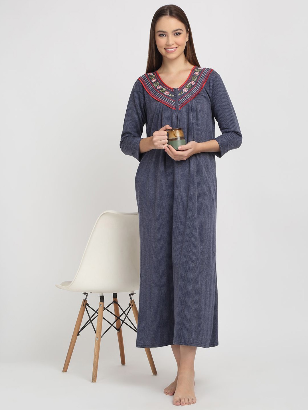 

Arrabi Women Embroidered V-Neck Maxi Nightdress, Blue