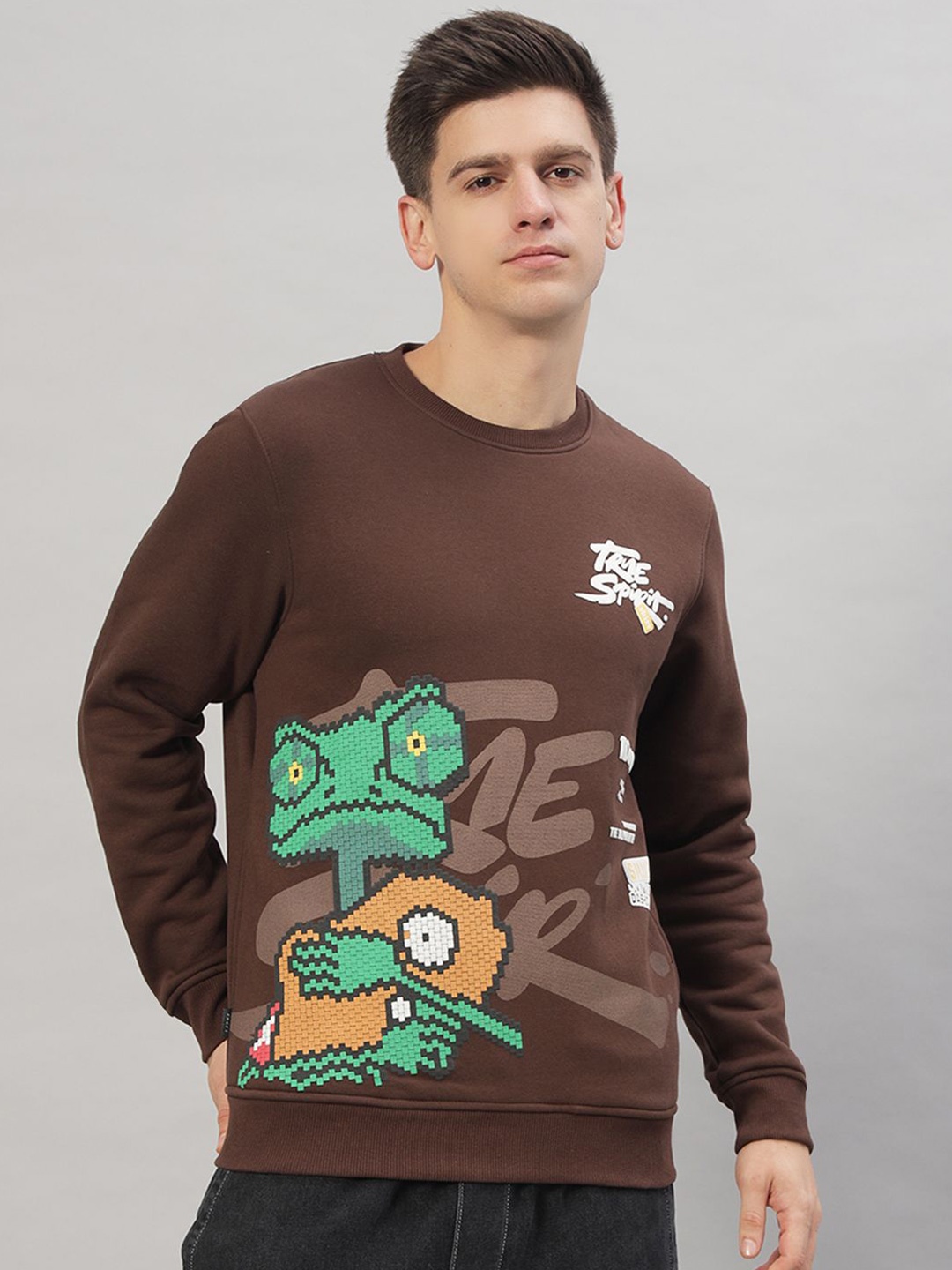 

PROFY Men Printed Round Neck Sweatshirt, Brown