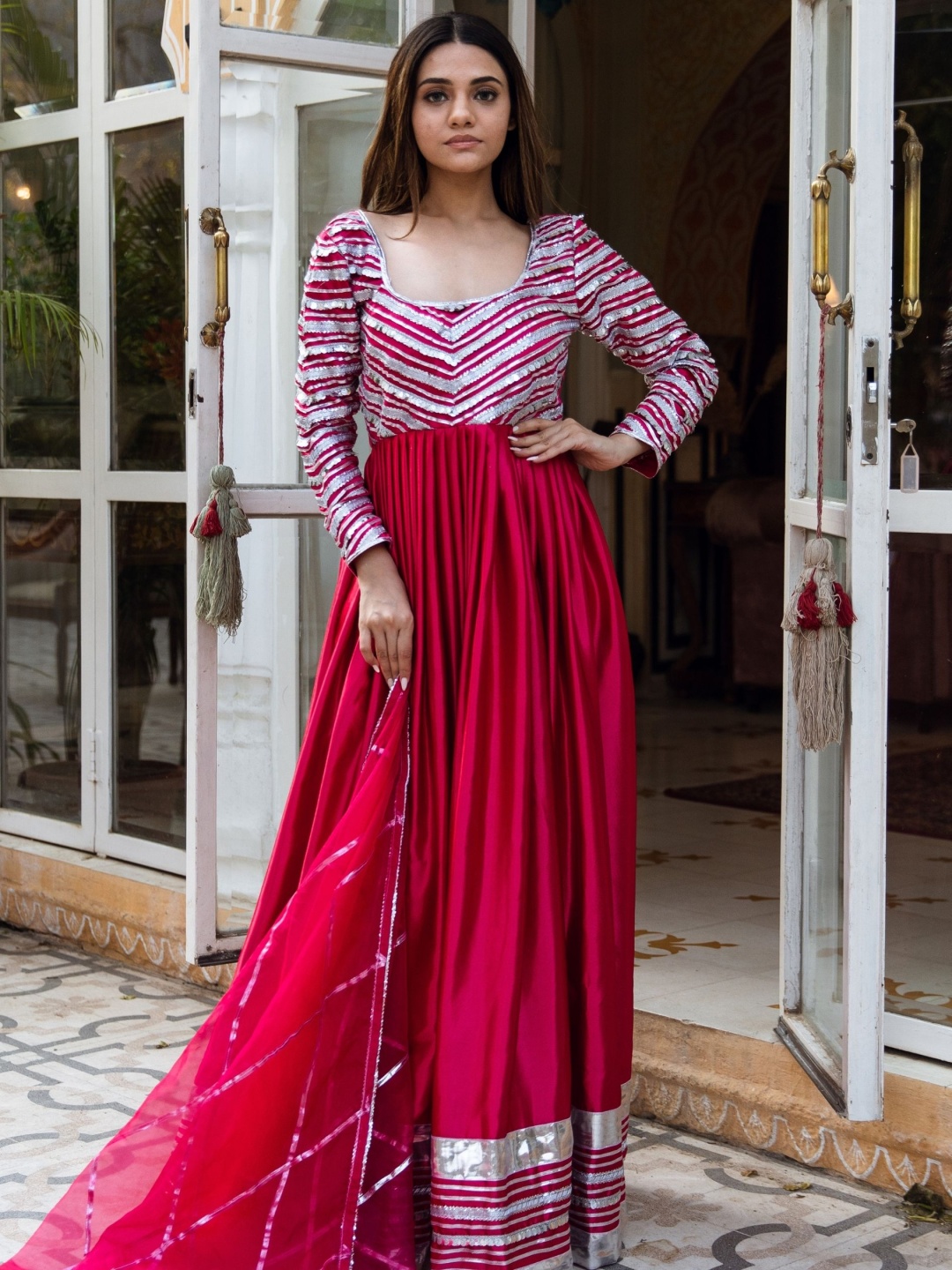 

ASHEERA Women Regular Gotta Patti Kurta with Trousers & With Dupatta, Red