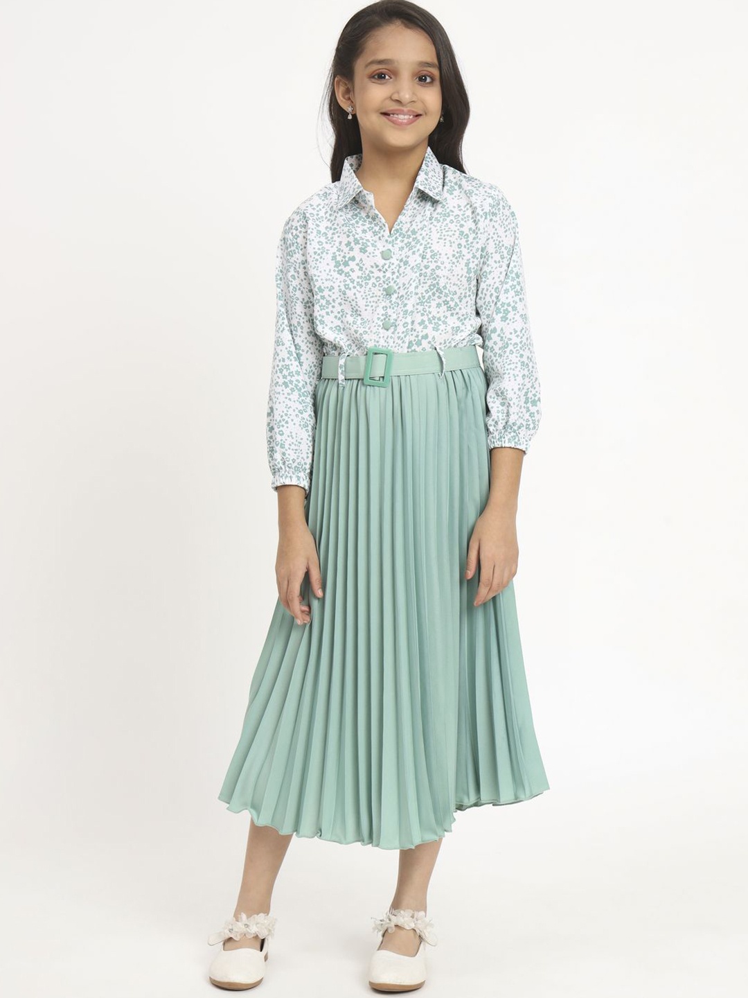 

OTABU Girls Floral Print Shirt Collar A-Line Midi Dress, Sea green