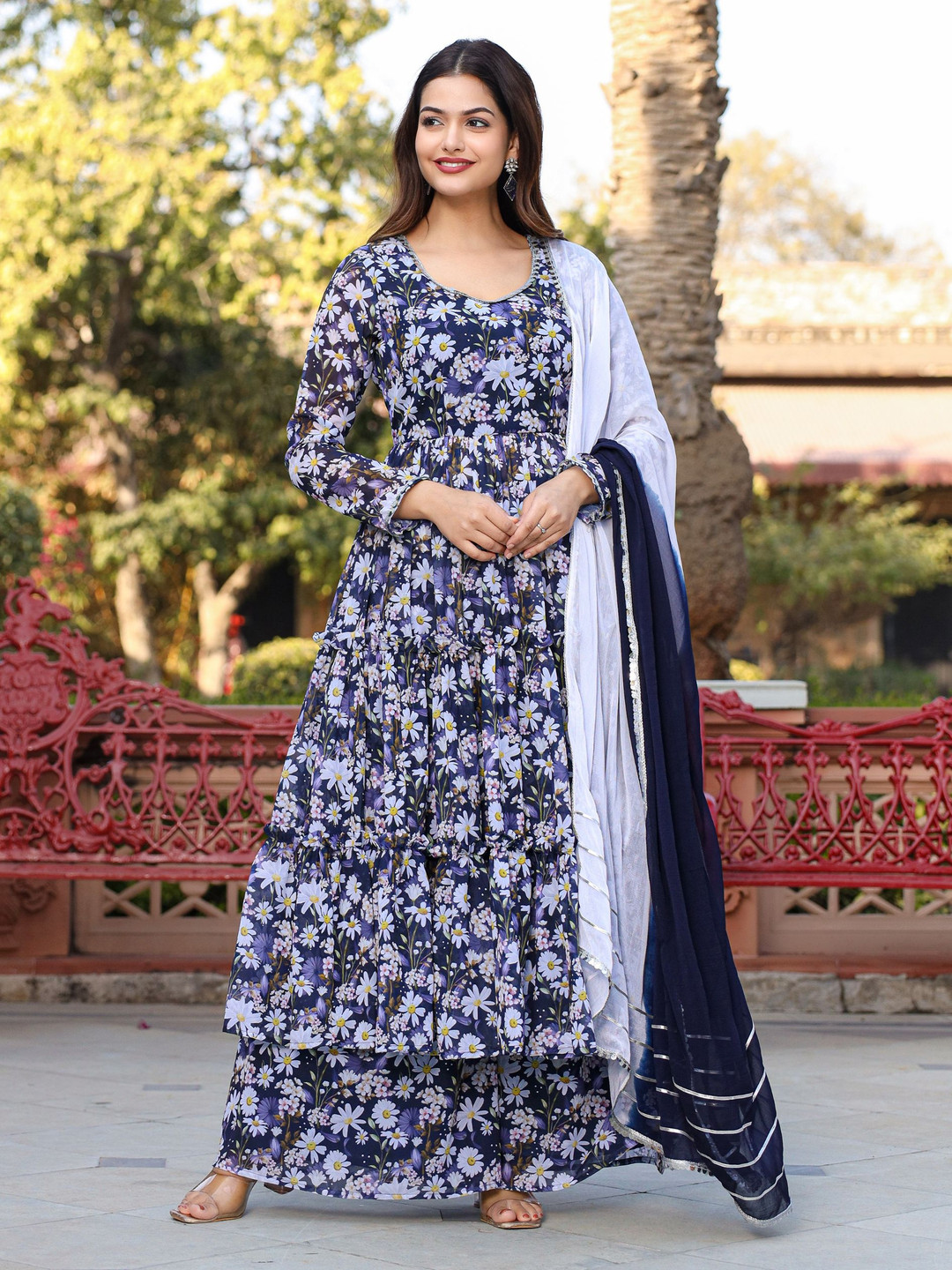

ASHEERA Women Floral Embroidered Tiered Gotta Patti Kurta with Palazzos & With Dupatta, Blue