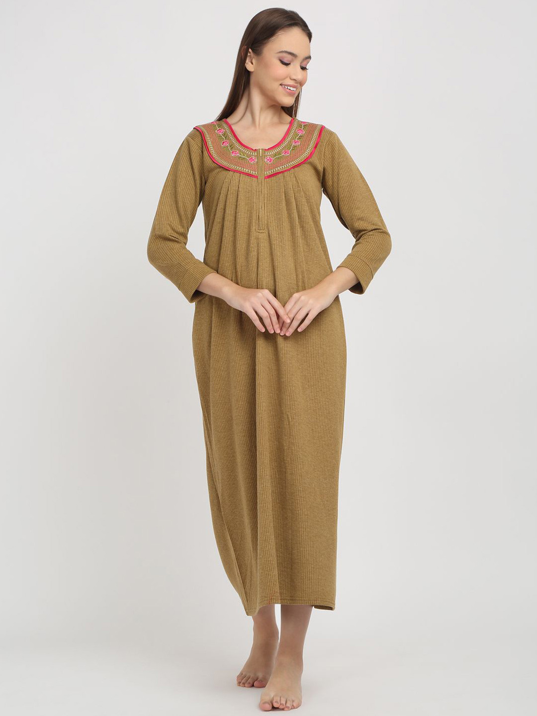 

Arrabi Women Embroidered Midi Nightdress, Brown