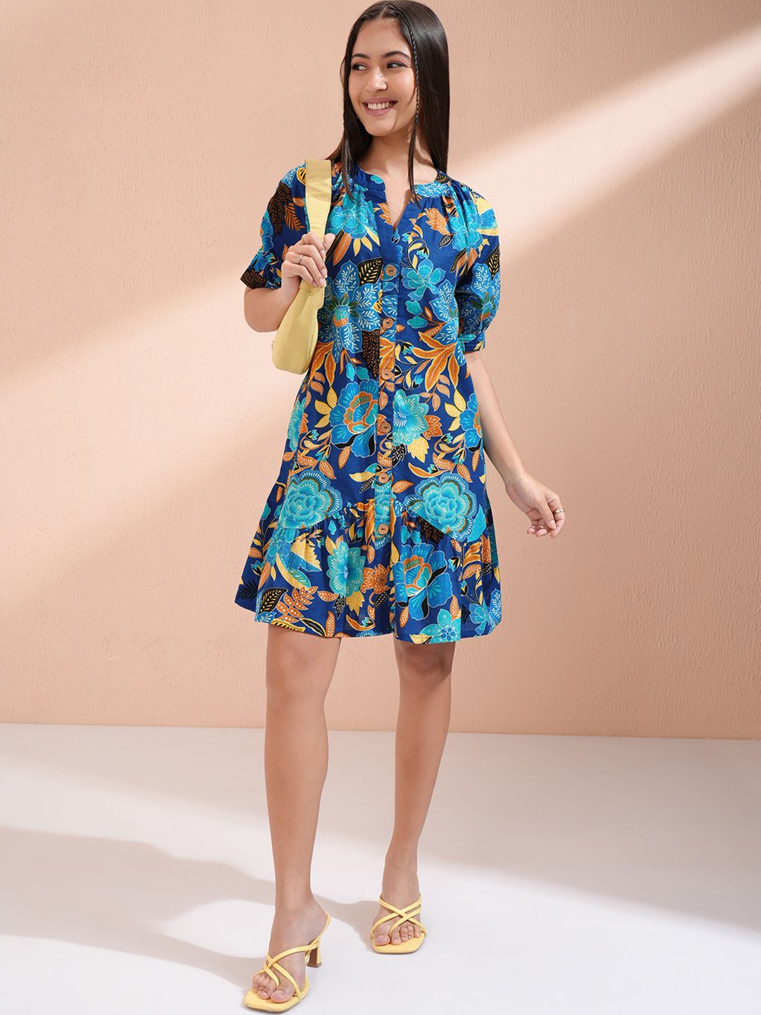 

Vishudh Women Floral Printed Cotton A-Line Dress, Navy blue