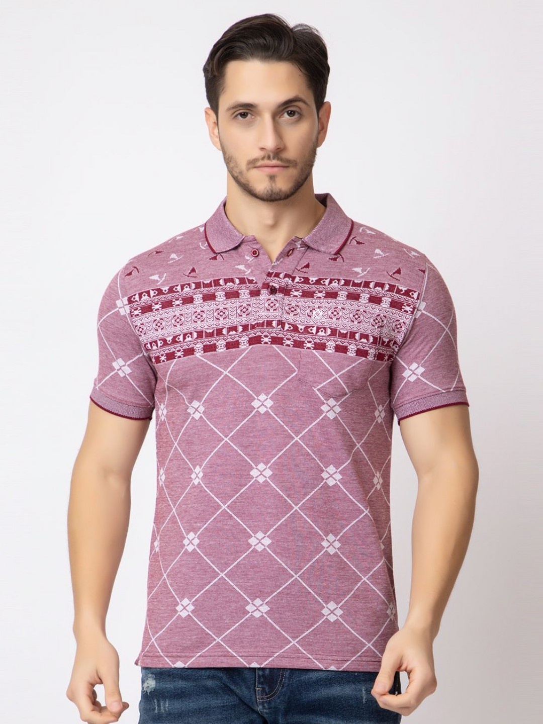

ARIIX Men Checked Polo Collar Cotton T-shirt, Purple