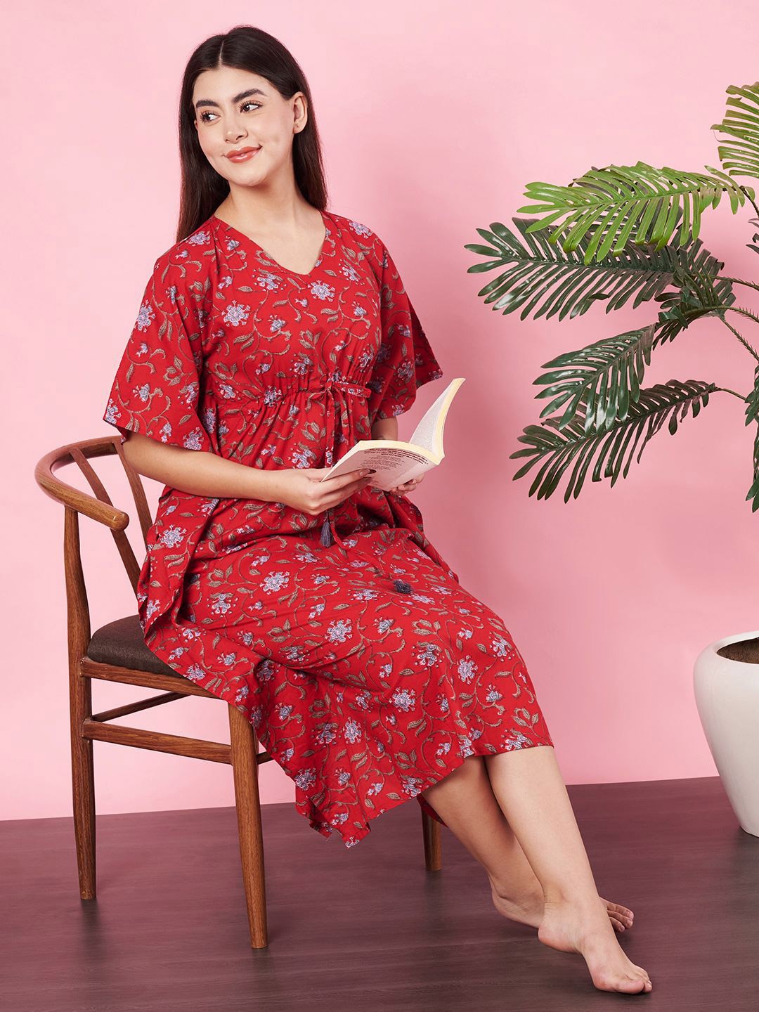 

HERE&NOW Women Floral Printed Pure Cotton Kaftan Nightdress, Red