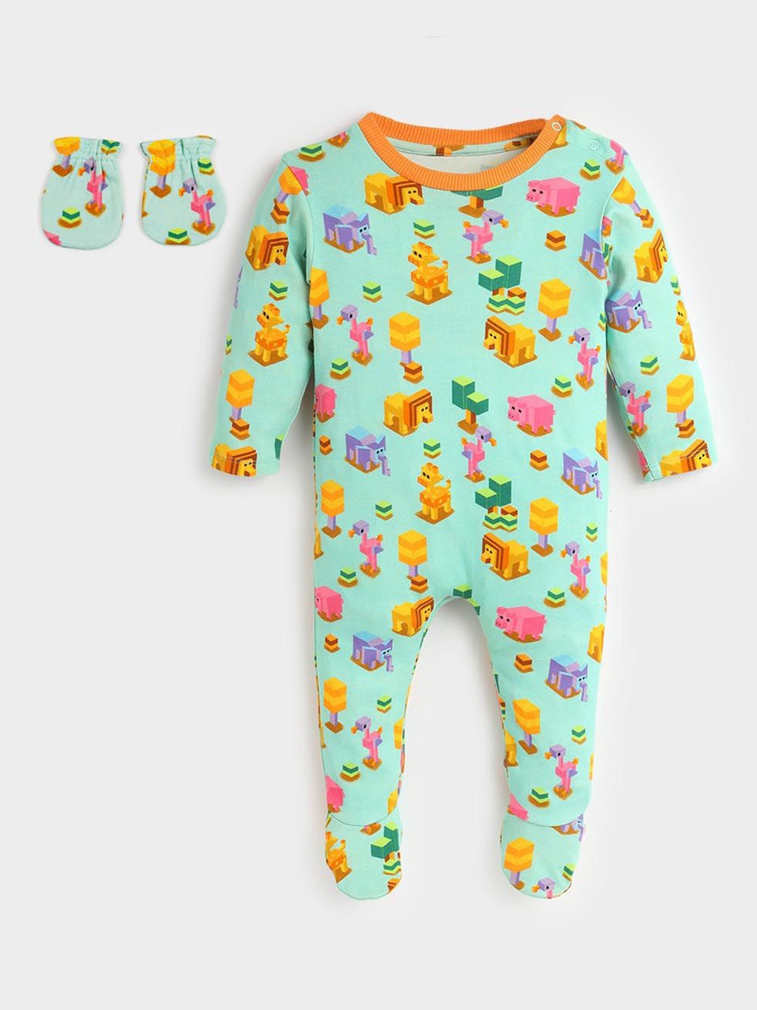 

Somersault Kids Printed Cotton Sleepsuit with Mittens, Green