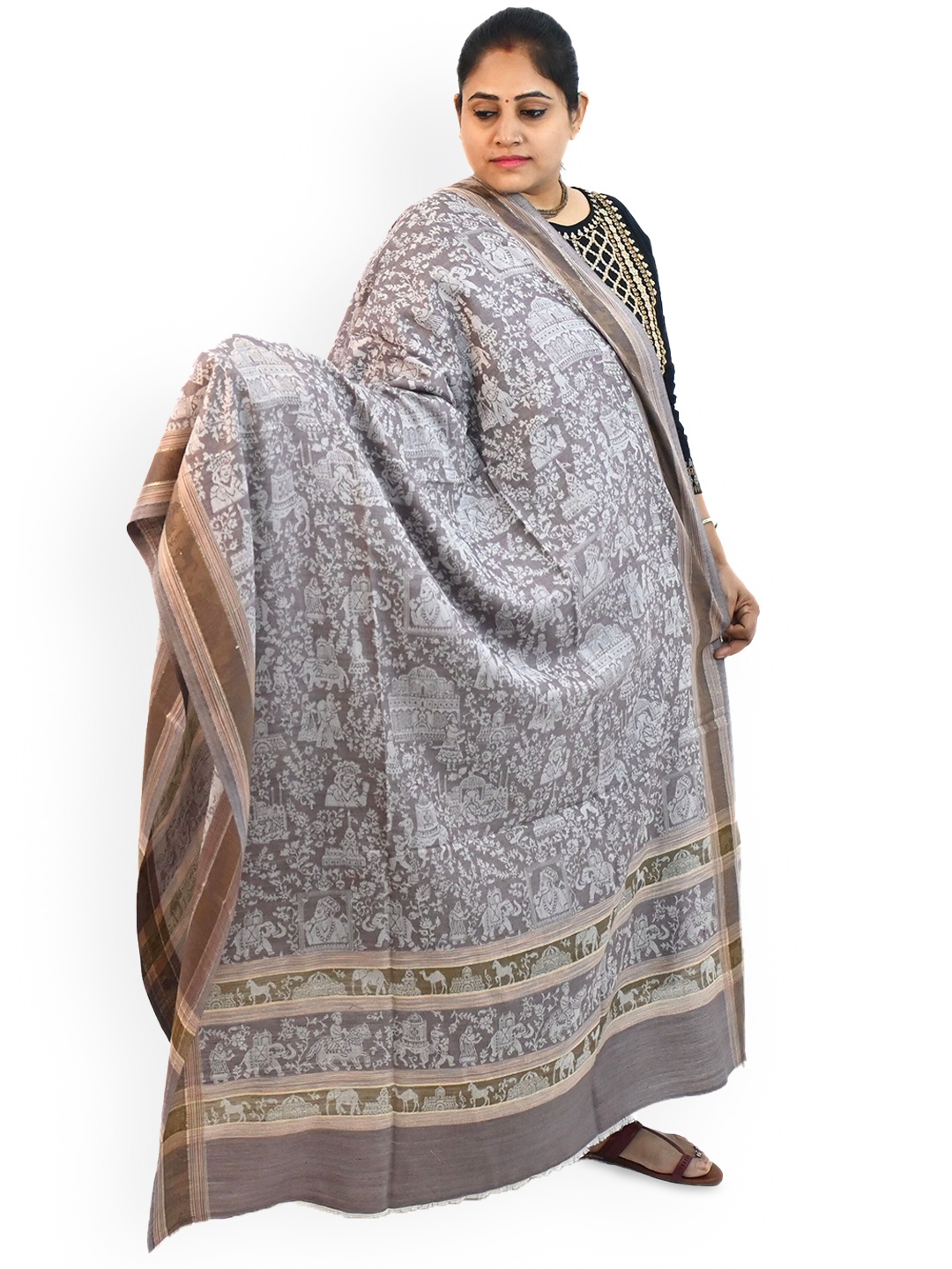 

Vrinde Women Ethnic Motifs Printed Shawl, Grey