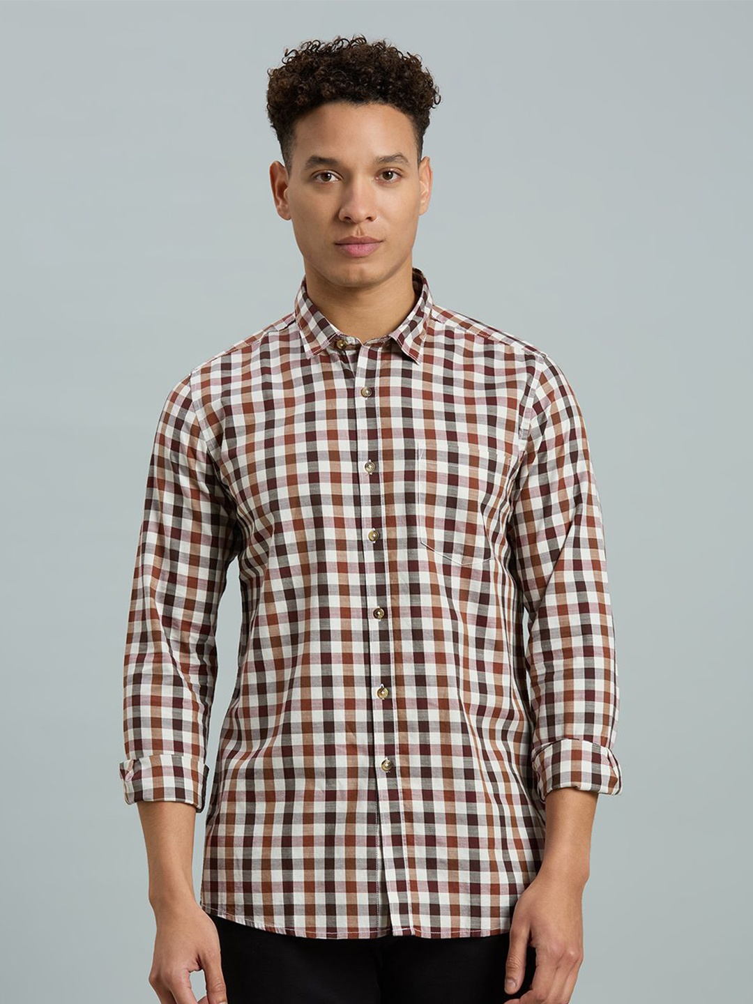 

Reid & Taylor Men Slim Fit Gingham Checks Opaque Checked Casual Shirt, White