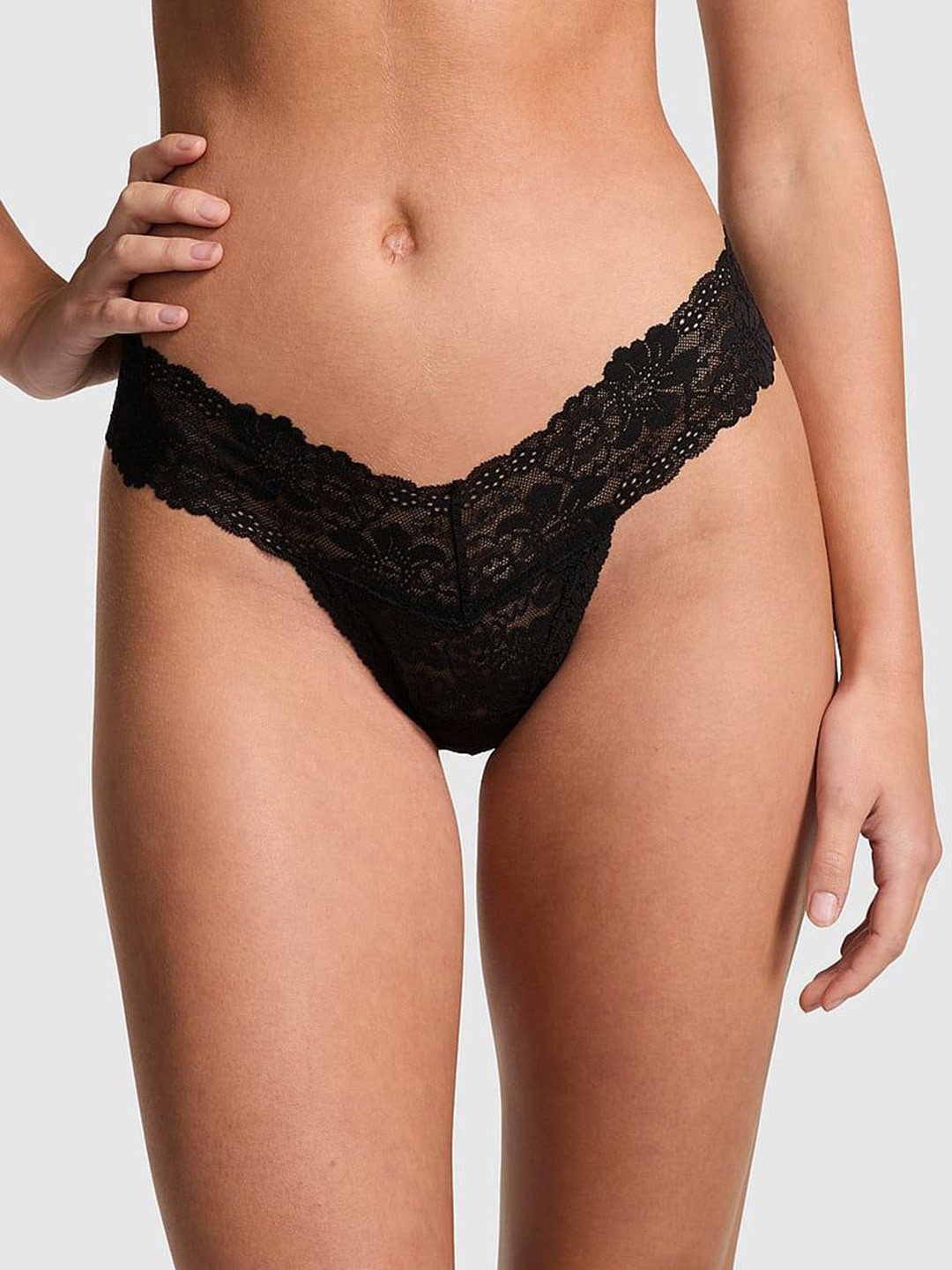 

Victoria's Secret Women Low-Rise Self-Design Lace Thong Briefs, Black