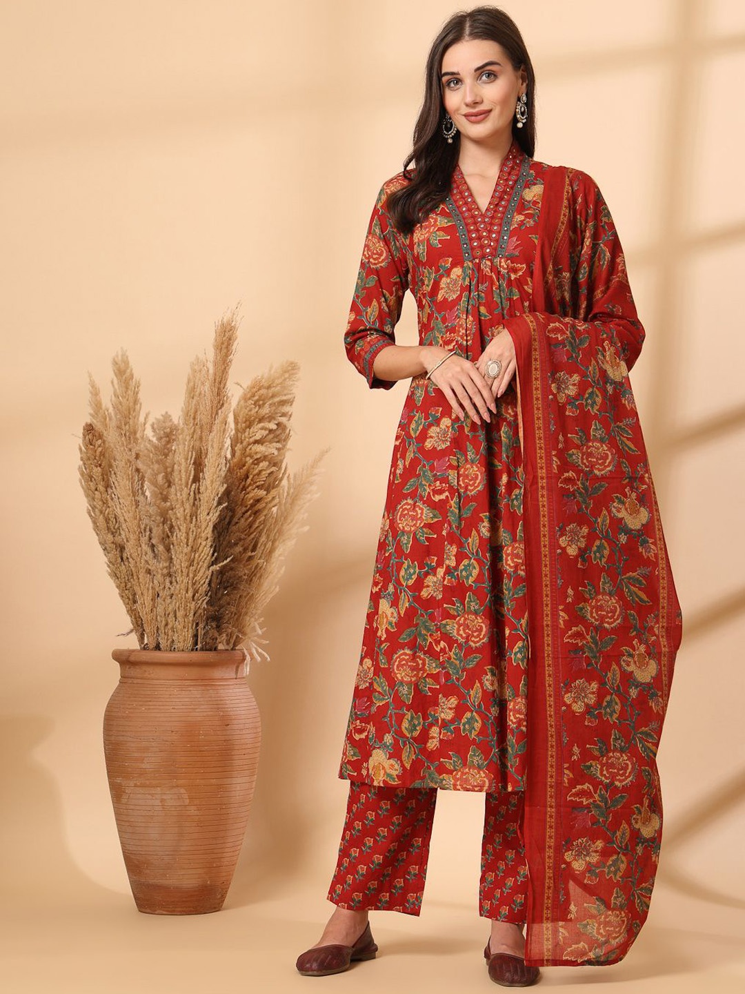 

Shangri LA MS Designs Women Floral Printed Empire Mirror Work Pure Cotton Kurta with Trousers & With Dupatta, Red