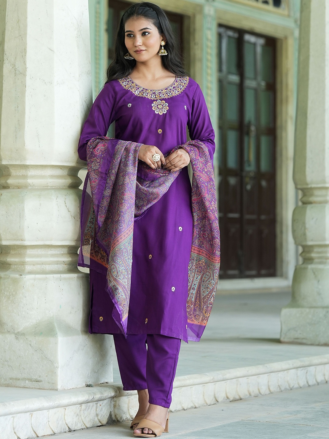 

Navlik Women Embroidered Regular Kurta with Trousers & With Dupatta, Purple