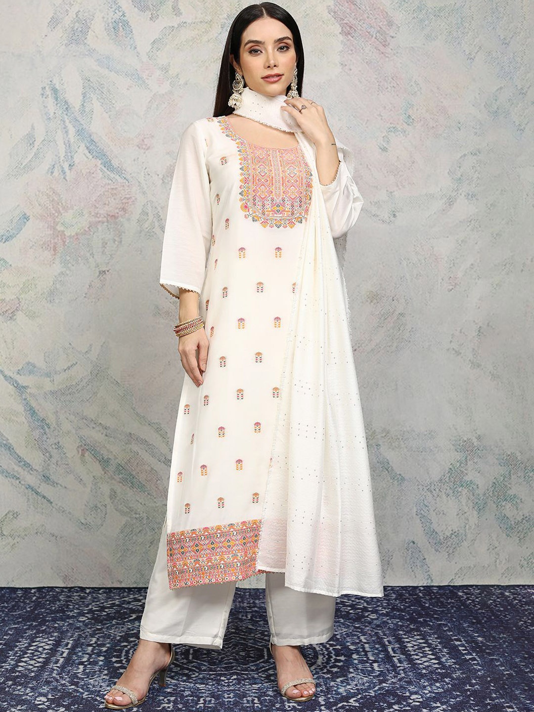 

Vishudh Women Ethnic Motifs Embroidered Regular Thread Work Kurta with Trousers & With Dupatta, Off white