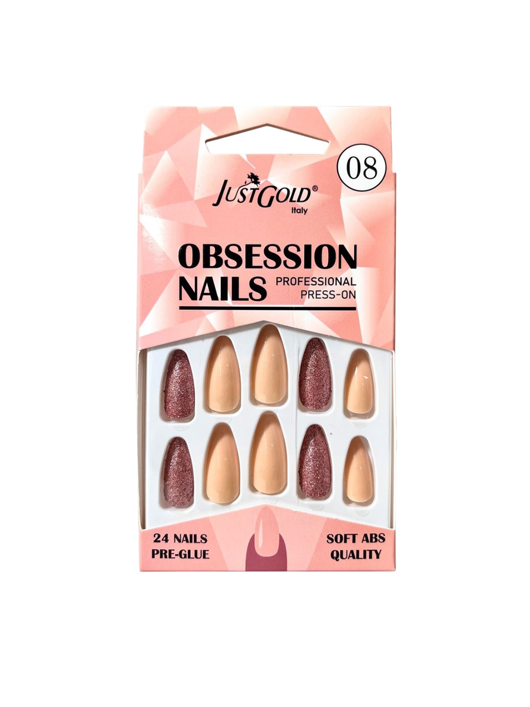 

JUSTGOLD Professional Obsession Set Of 24 Press On Pre Glued Waterproof Nails - Shade 08, Nude