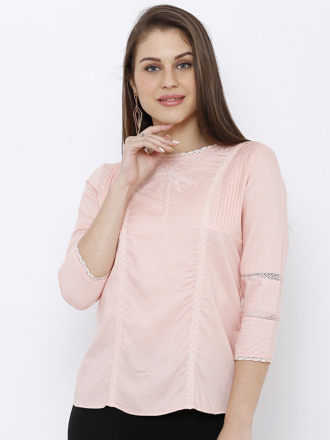 

Kraus Jeans Women Embroidered Three-Quarter Sleeves Top, Peach