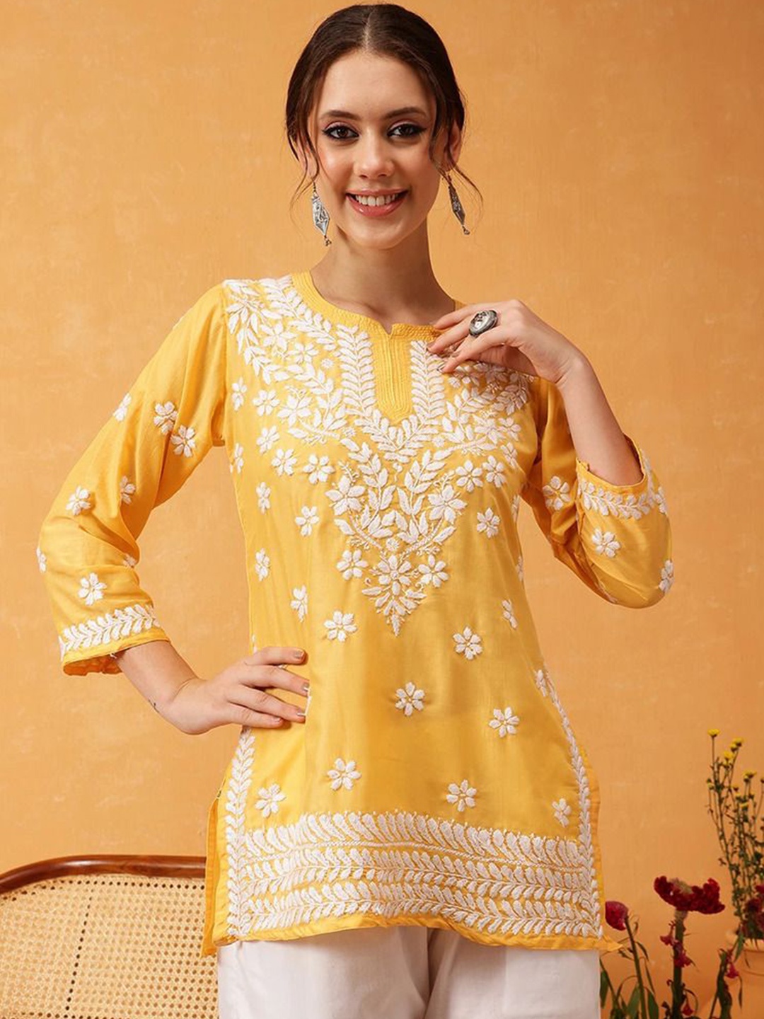 

Vama Heritage Women Floral Embroidered Flared Sleeves Thread Work Kurta, Yellow