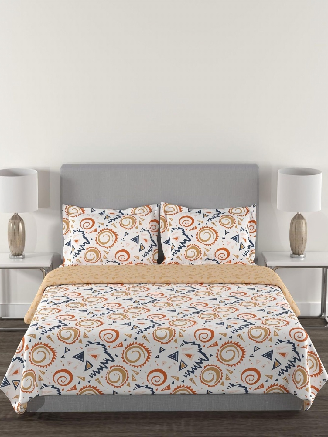 

MYTRIDENT White & Orange Floral AC Room 150 GSM Double Bed Dohar