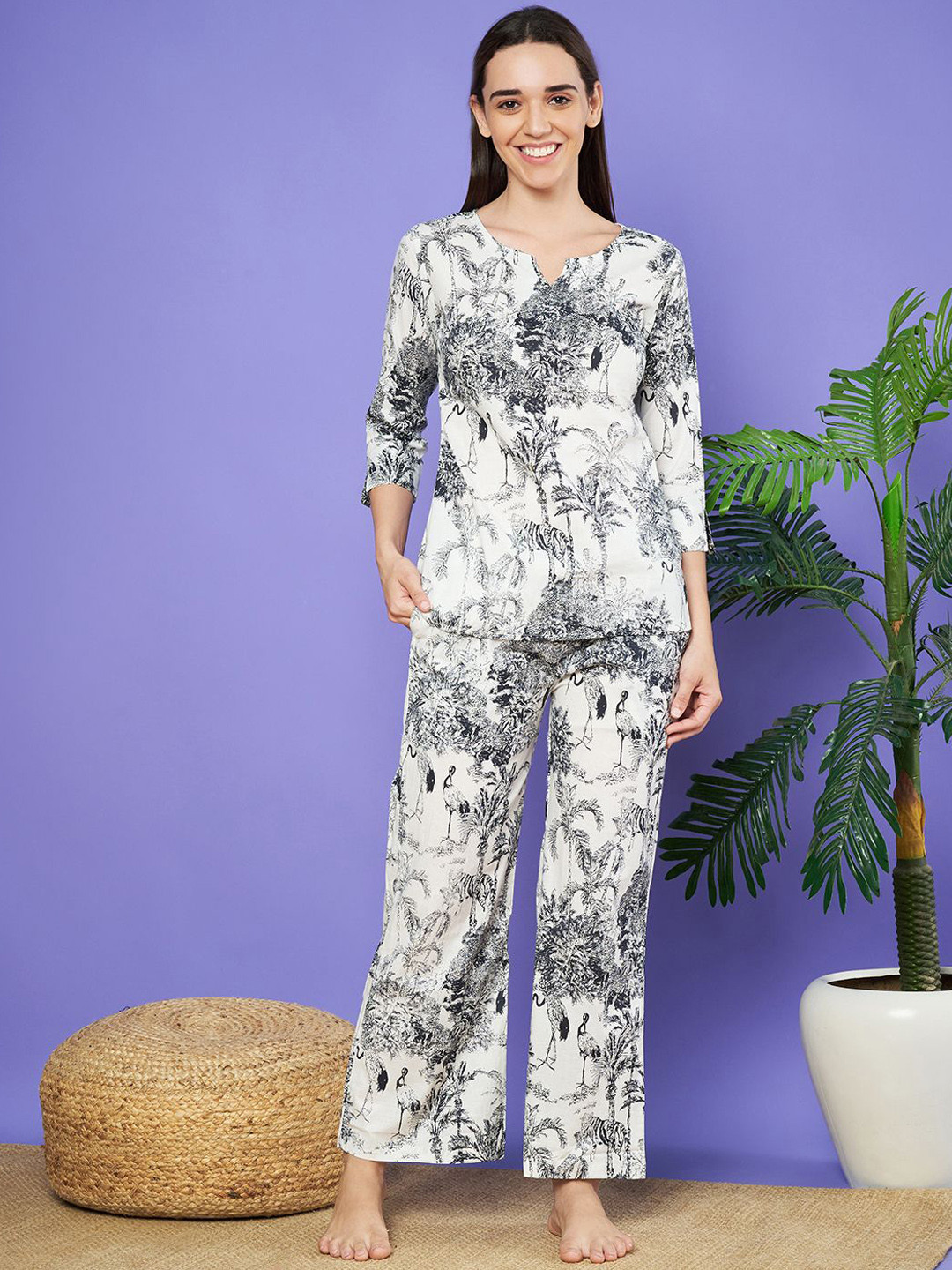 

HERE&NOW Women Floral Printed Pure Cotton Night suit, White