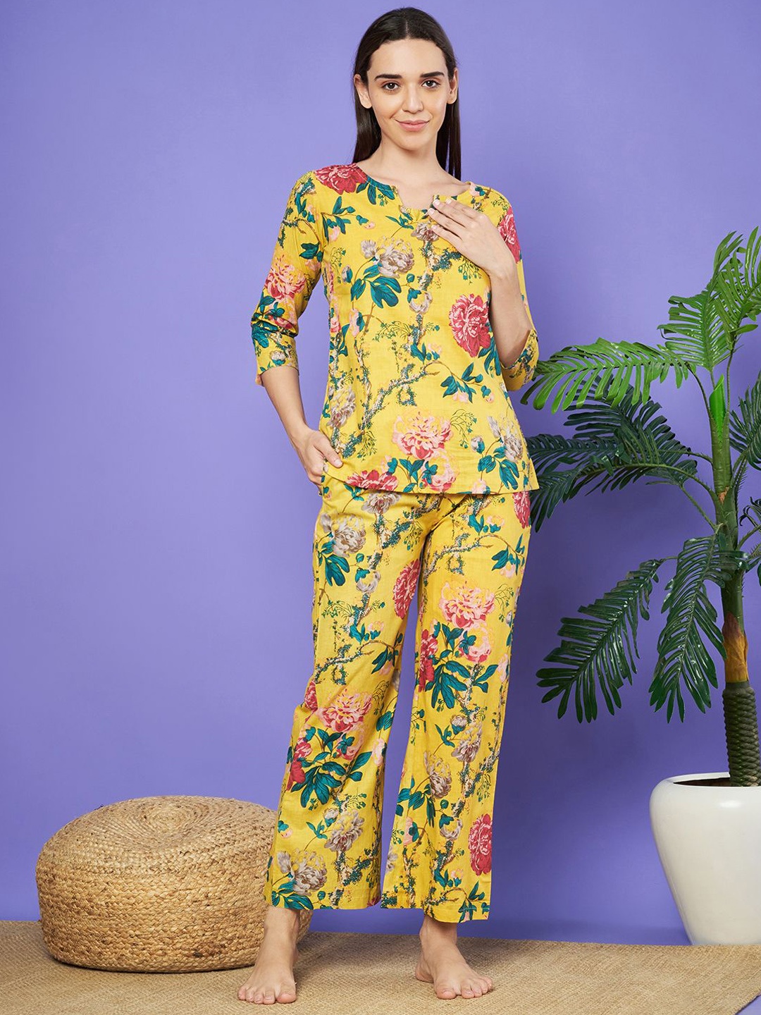 

HERE&NOW Women Floral Printed Pure Cotton Night suit, Yellow