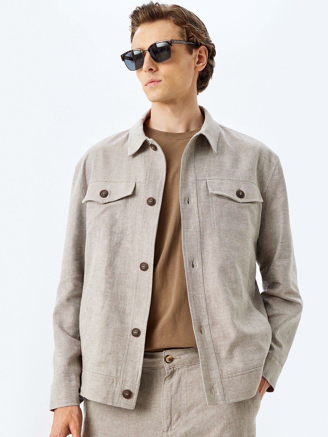 

Koton Men Striped Longline Denim Jacket, Brown