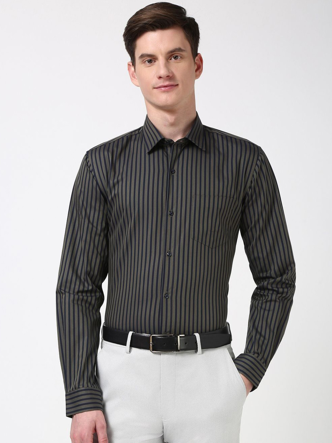 

Peter England Men Slim Fit Opaque Striped Formal Shirt, Charcoal
