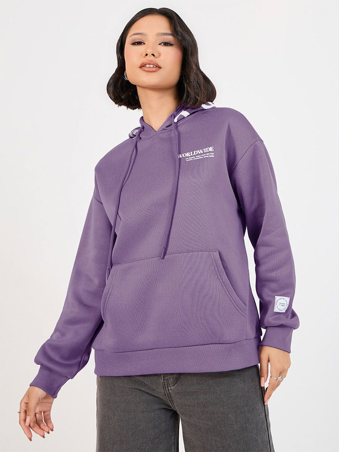 

Styli Typography Printed Hooded Pullover Sweatshirt, Purple