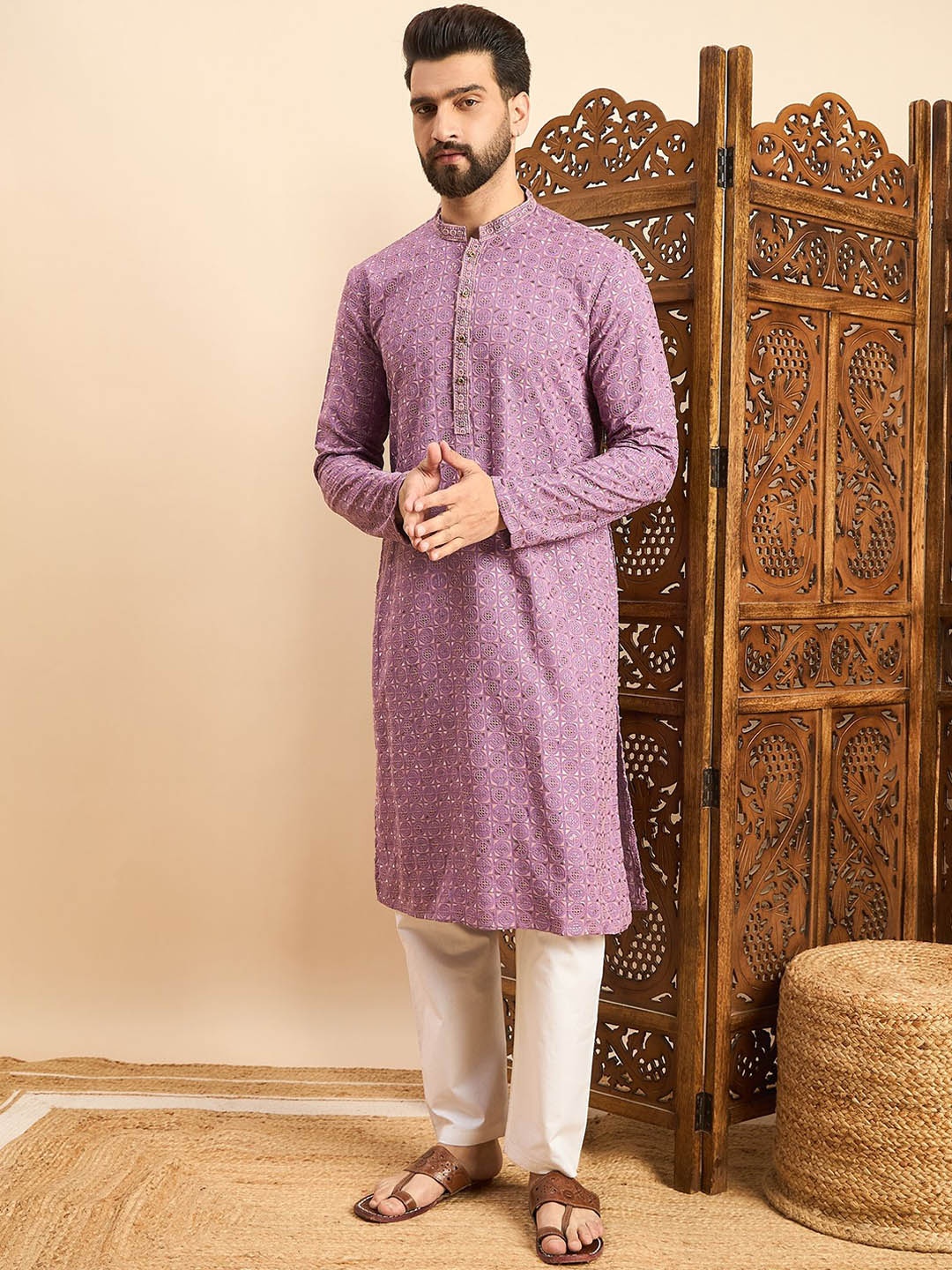 

HERE&NOW Men Embroidered Thread Work Kurta, Lavender