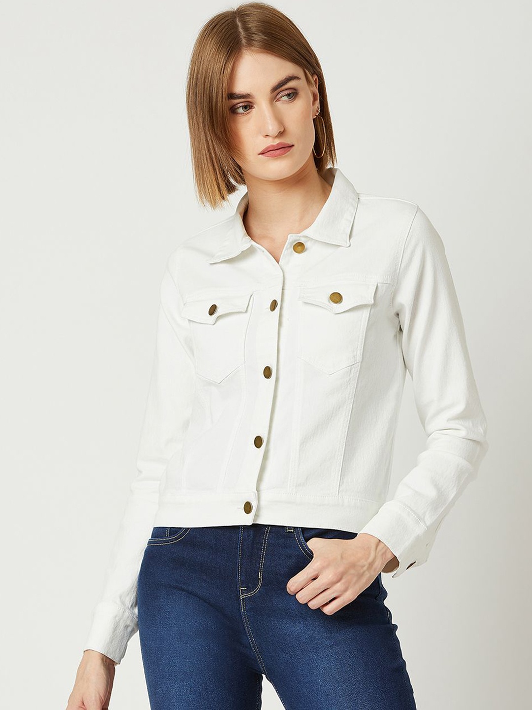 

Miss Chase Women Washed Crop Denim Jacket, White