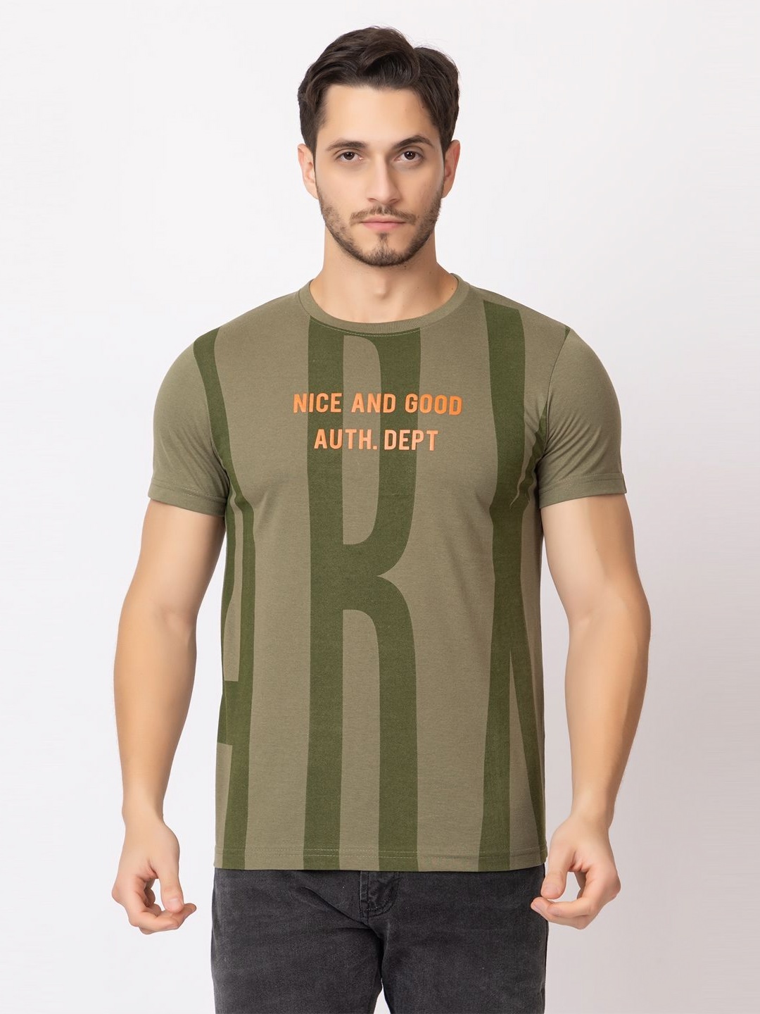 

ARIIX Men Typography Printed Round Neck Cotton T-shirt, Olive