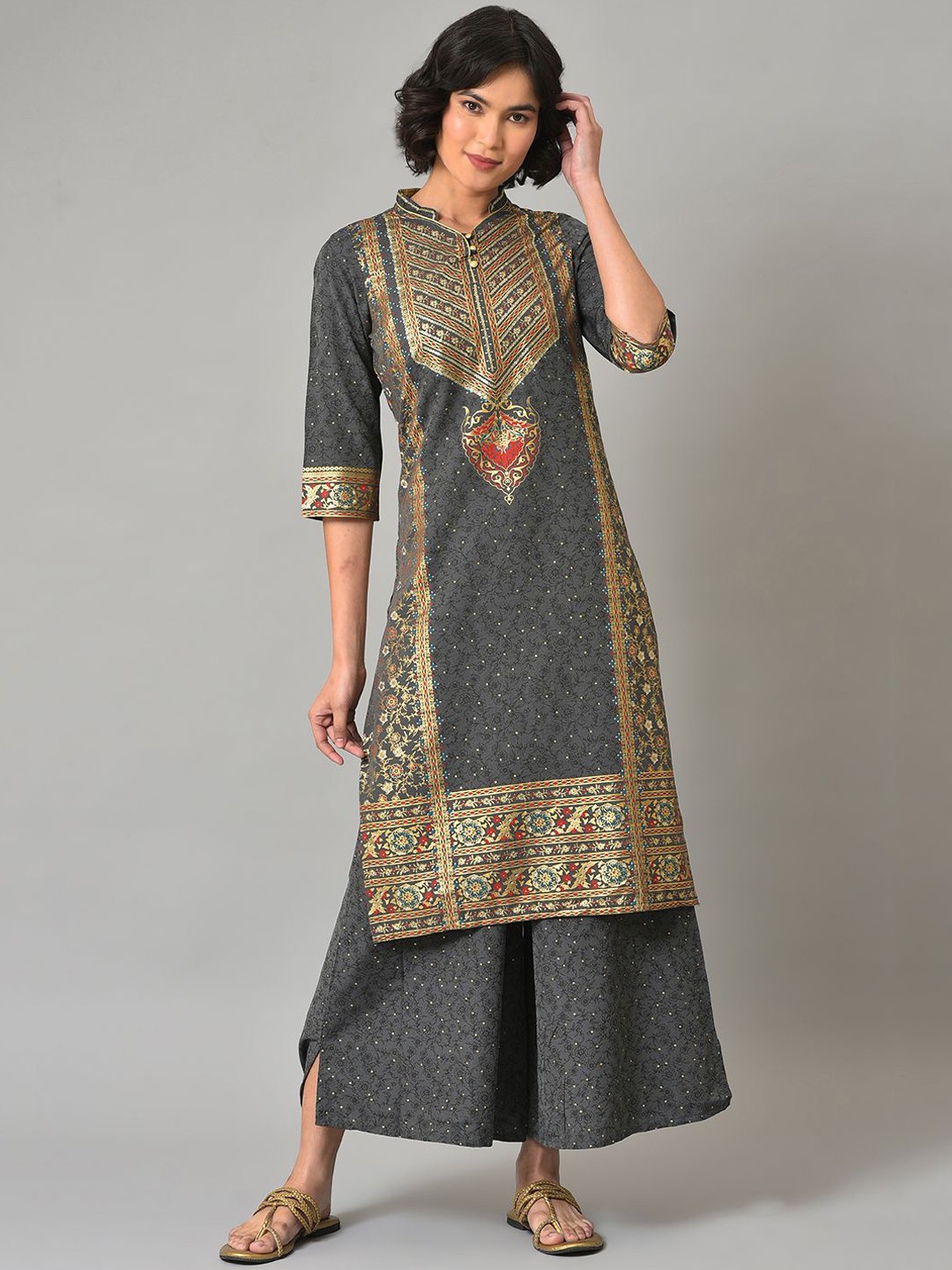 

AURELIA Women Ethnic Motifs Printed Regular Beads and Stones Kurta with Palazzos, Grey