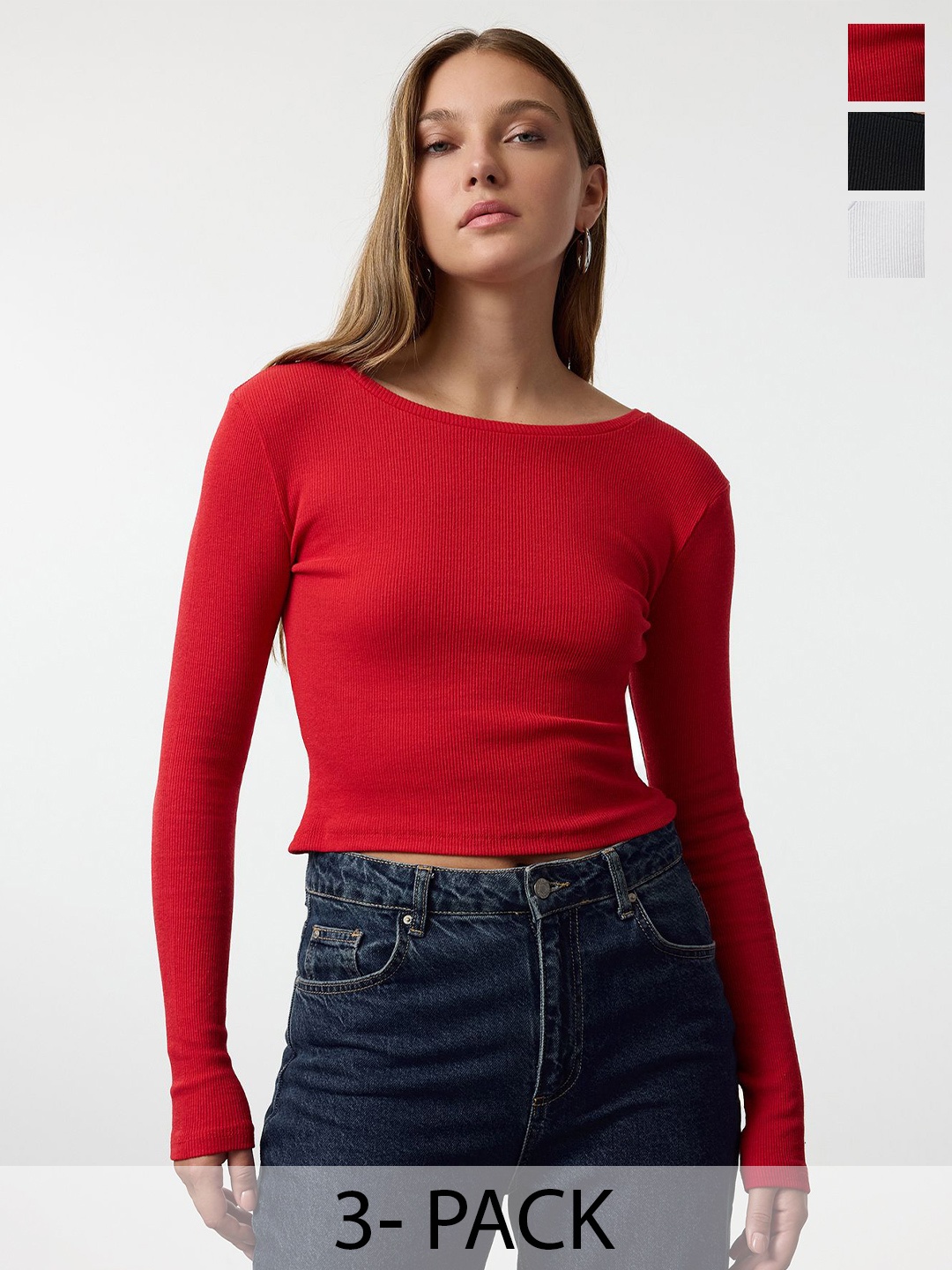 

Trendyol Pack Of 3 Round Neck Crop Top, Red