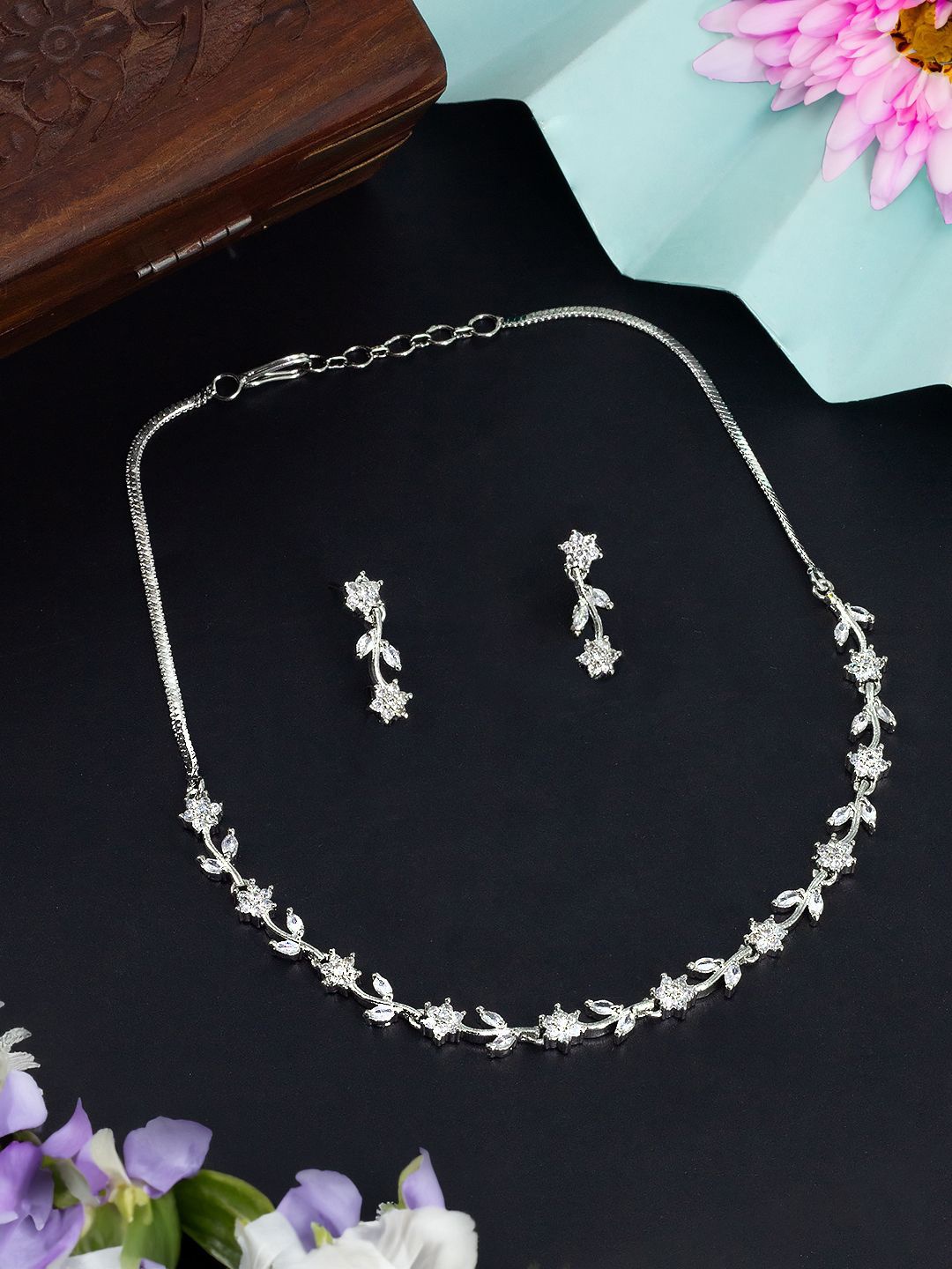 

PRIVIU Rhodium-Plated American Diamond-Studded Necklace and Earrings, Silver