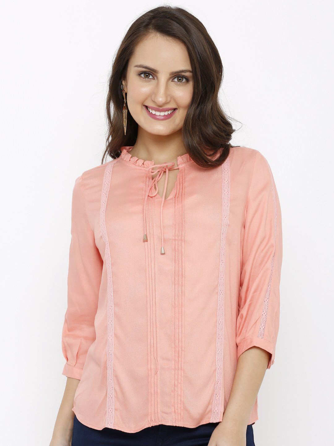 

Kraus Jeans Women Round Tie-Ups Neck Top, Peach