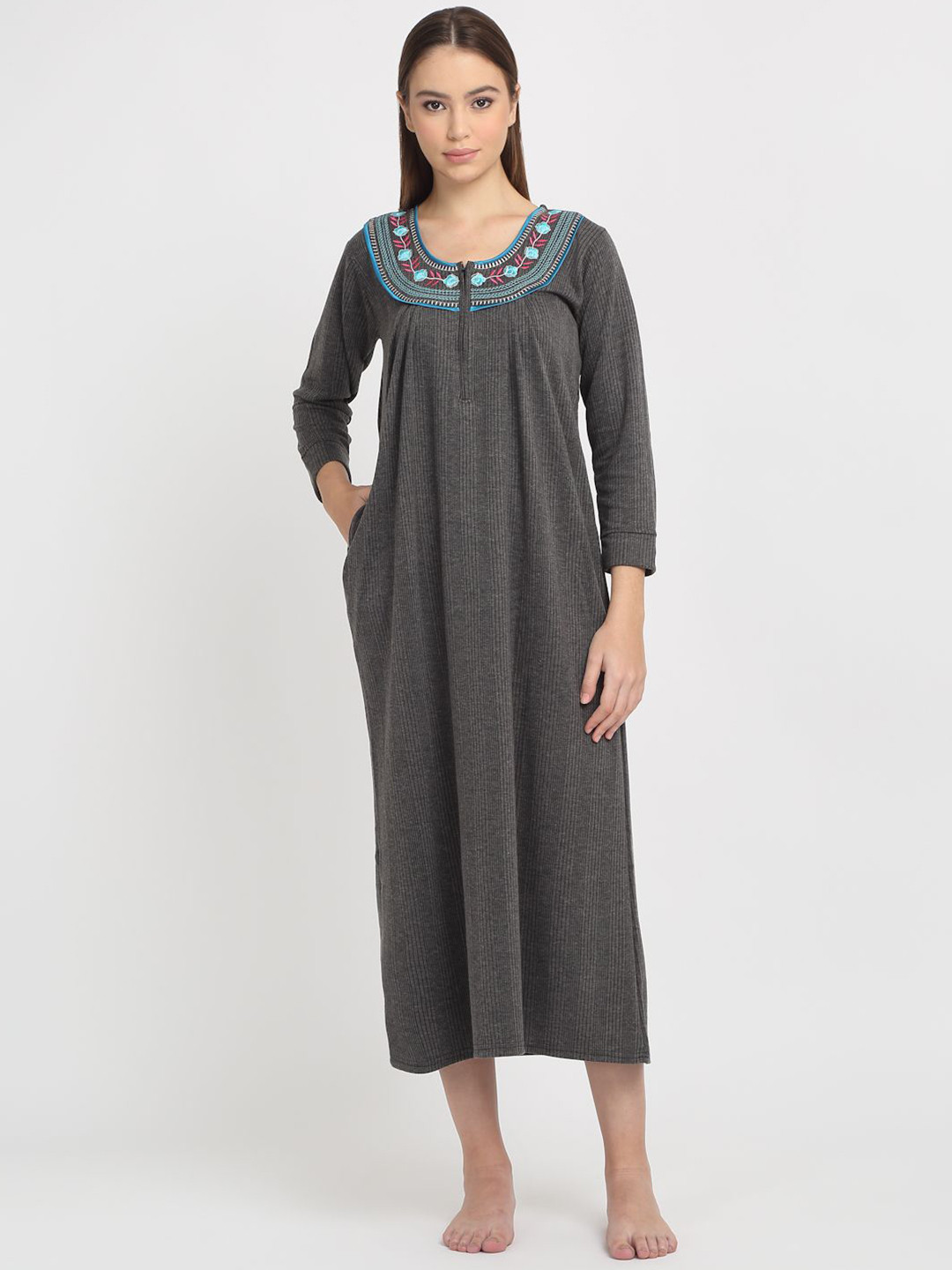

Arrabi Women Embroidered Maxi Nightdress, Grey