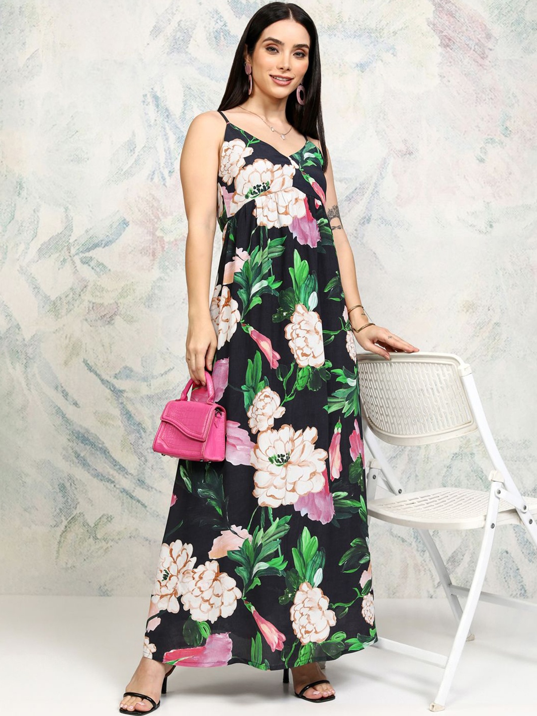 

Vishudh Women Floral Printed Empire Maxi Dress, Black