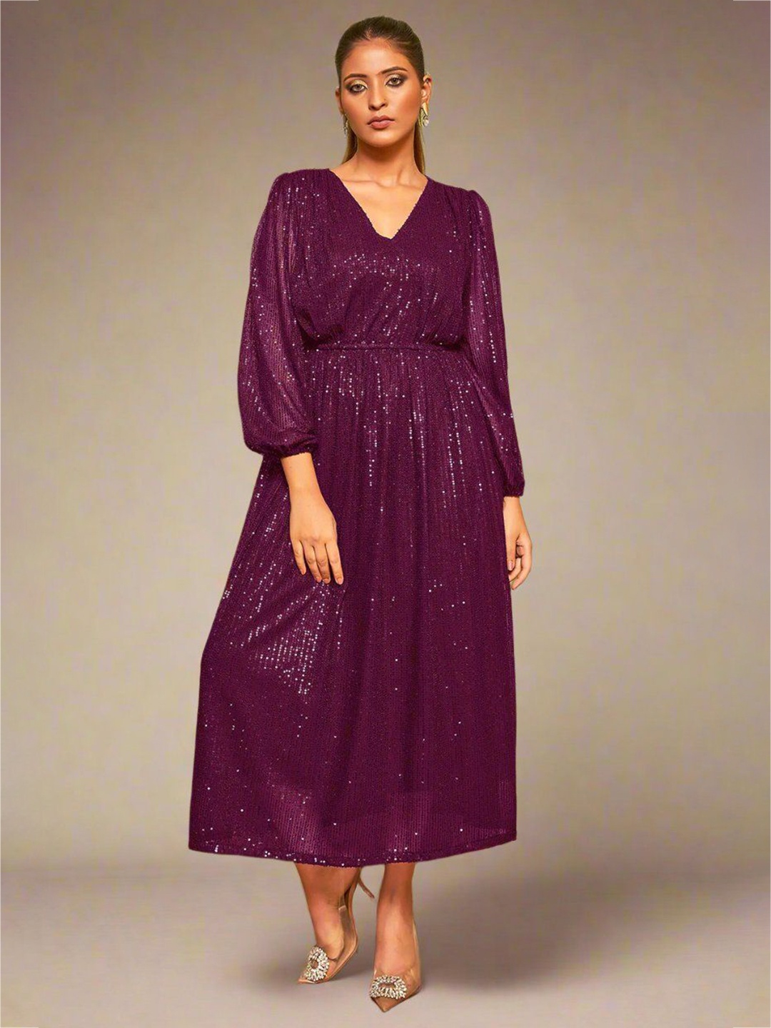 

Curvy Lane Plus Size Puff Sleeves Sequinned Fit & Flare Midi Dress, Magenta