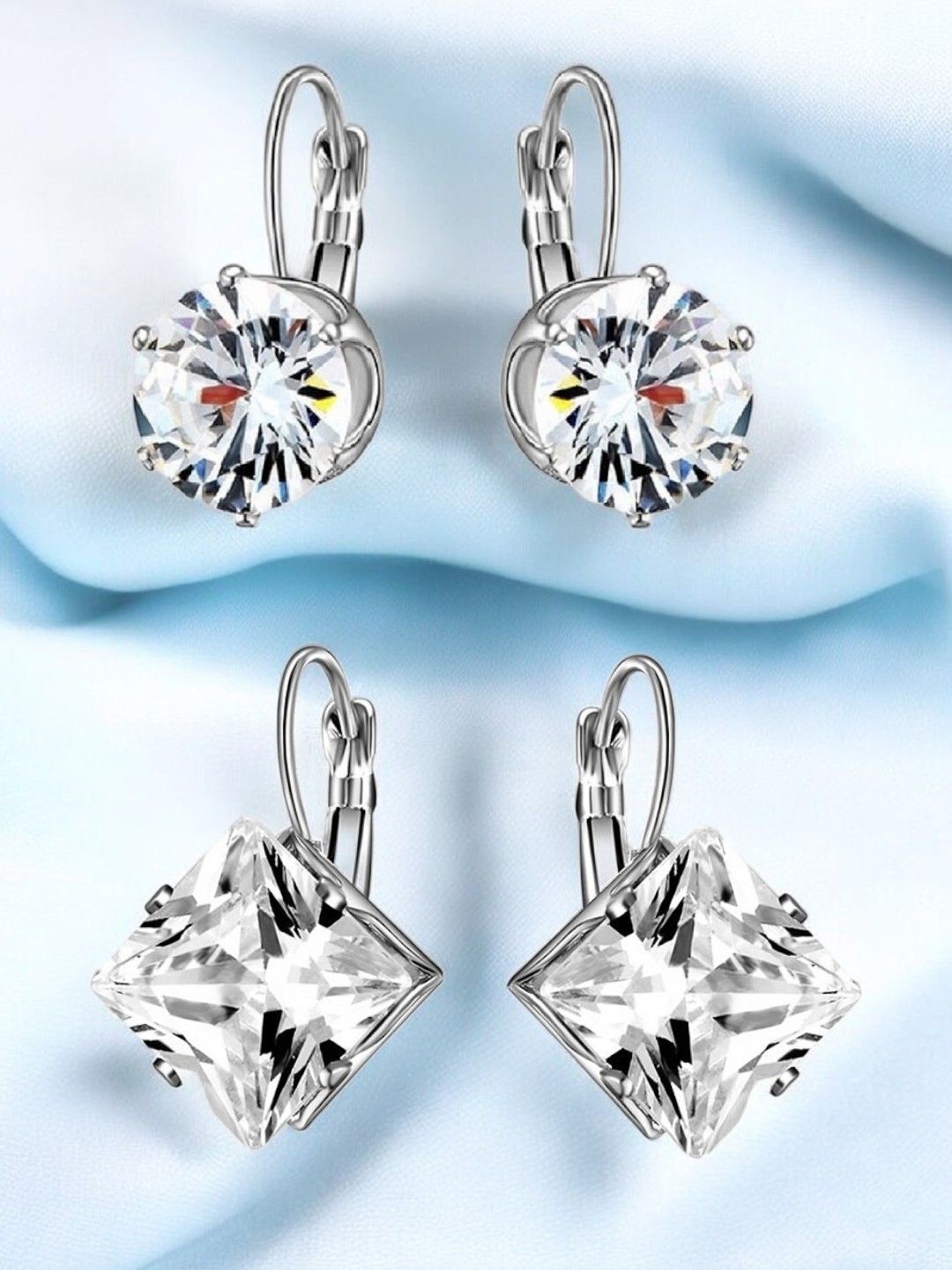 

DressBerry Set of 2 Solitaire CZ Studded Square Drop Earrings, Silver