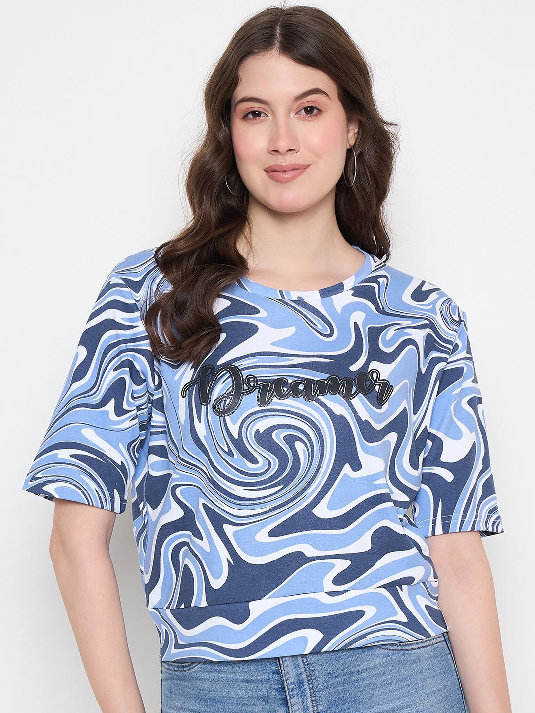 

Duke Women Printed Round Neck Cotton Crop Top, Blue