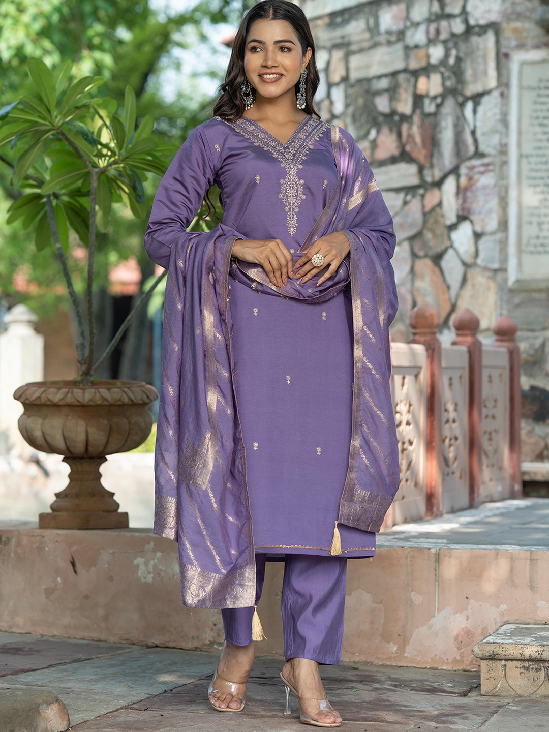 

Navlik Women Embroidered Regular Kurta with Trousers & With Dupatta, Lavender