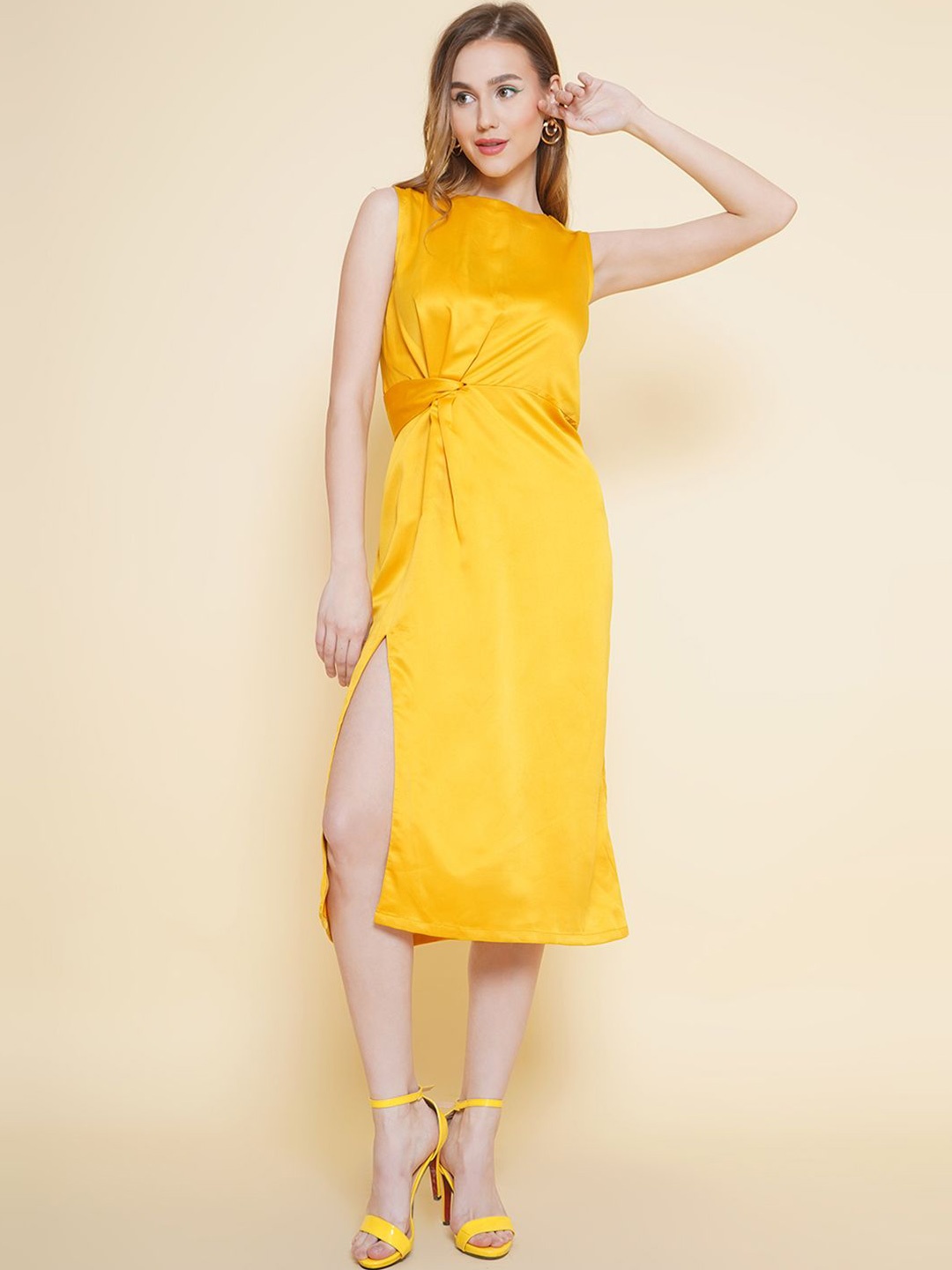 

KATLINE Women Satin Round Neck Sleeveless Sheath Dress, Yellow