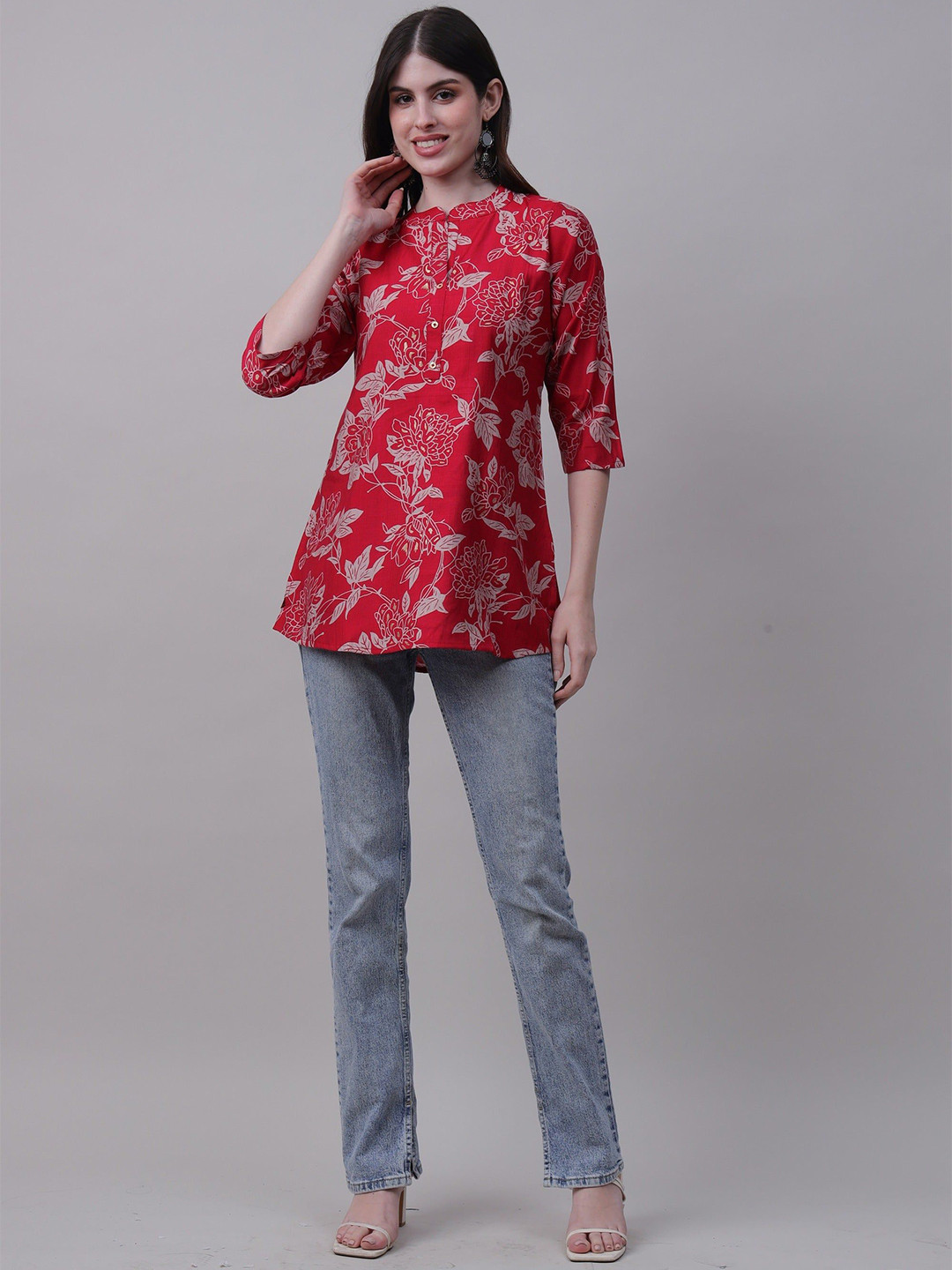

STUNICS Women Floral Print Mandarin Collar Top, Pink