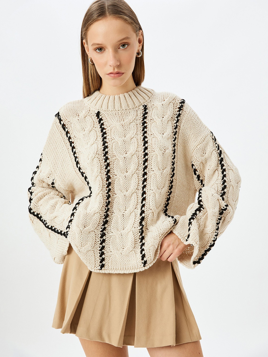 

Koton Women Cable Knit Self Design Pullover, Beige