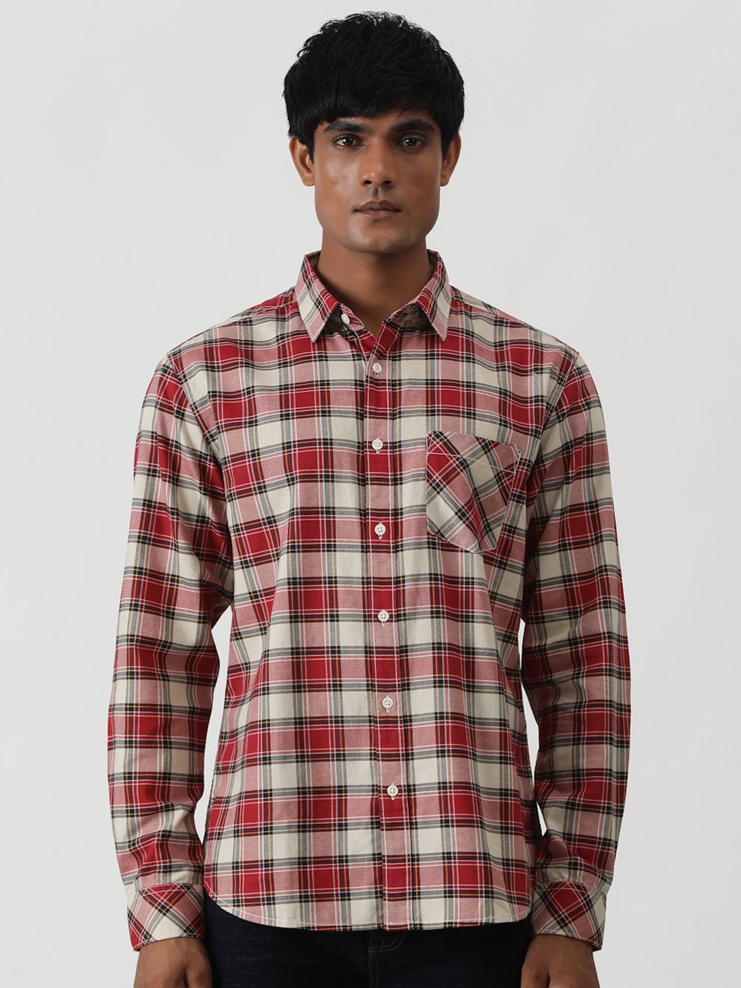 

Greenfibre Men Slim Fit Tartan Checks Opaque Checked Casual Shirt, Red