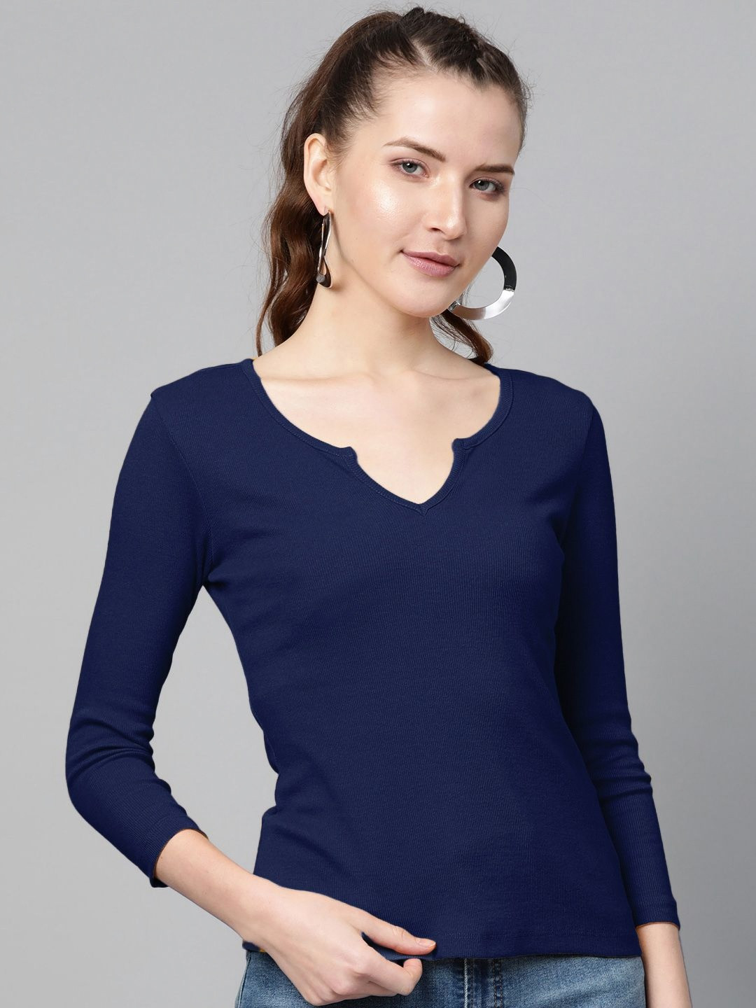 

SASSAFRAS Women V-Neck Slim Fit T-shirt, Navy blue