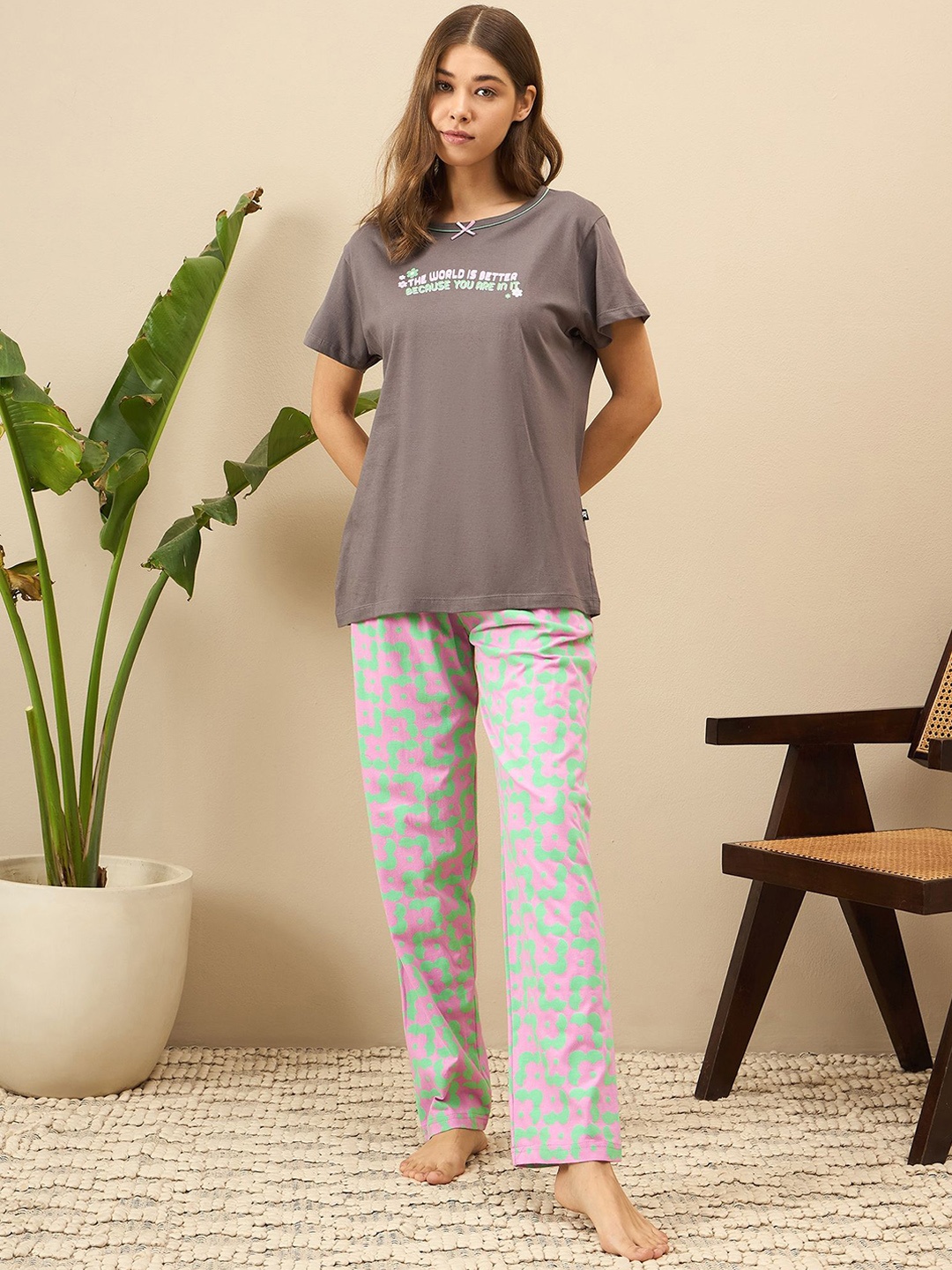 

July Basic Women Typography Printed Night Suit, Grey