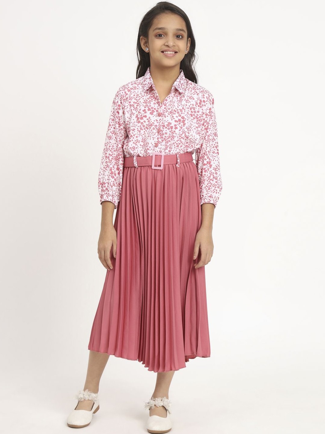 

OTABU Girls Floral Printed A-Line Midi Dress Comes with a belt, Peach