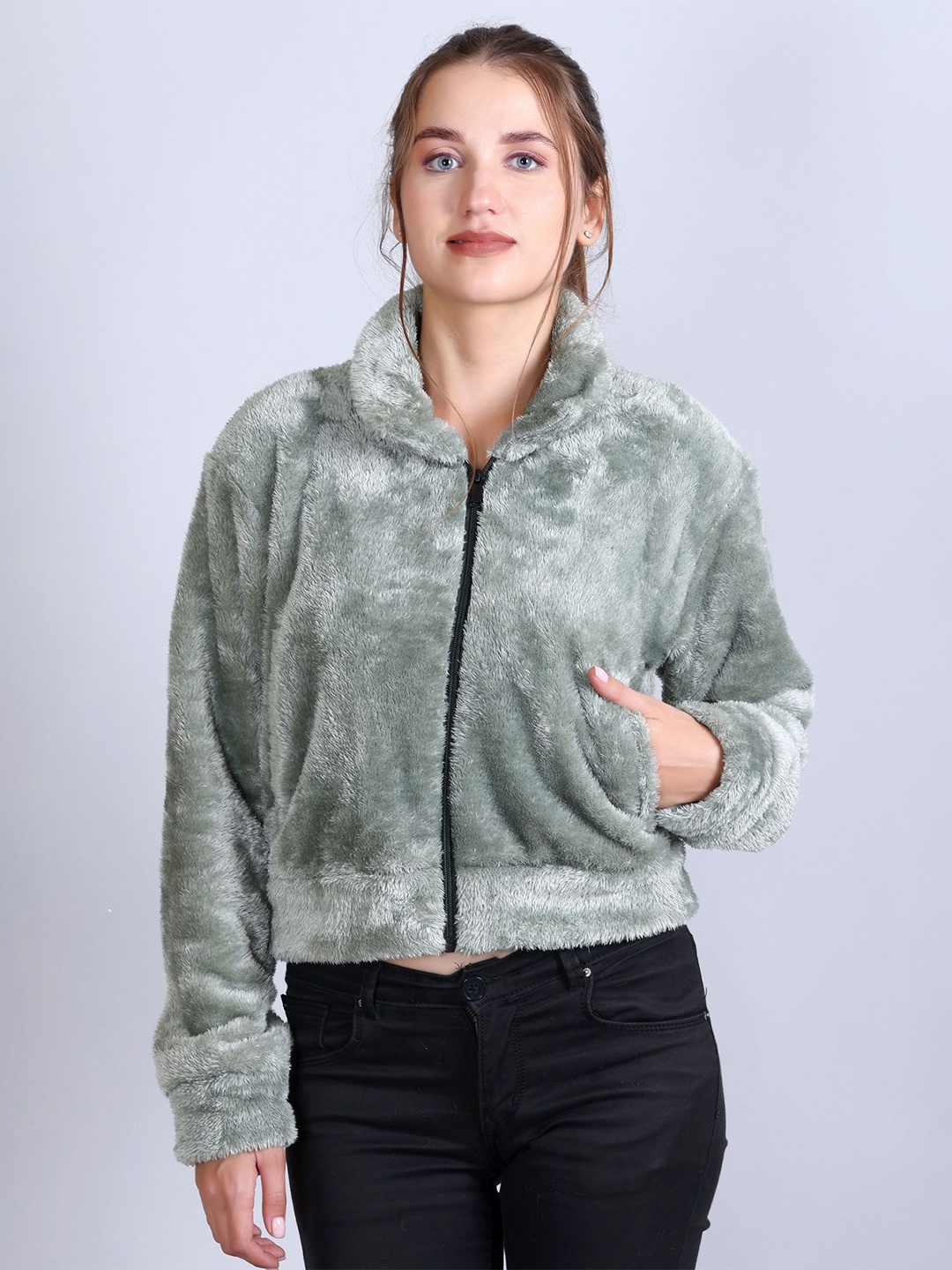 

Looks United Women Shirt Collar Front-Open Sweatshirt, Green