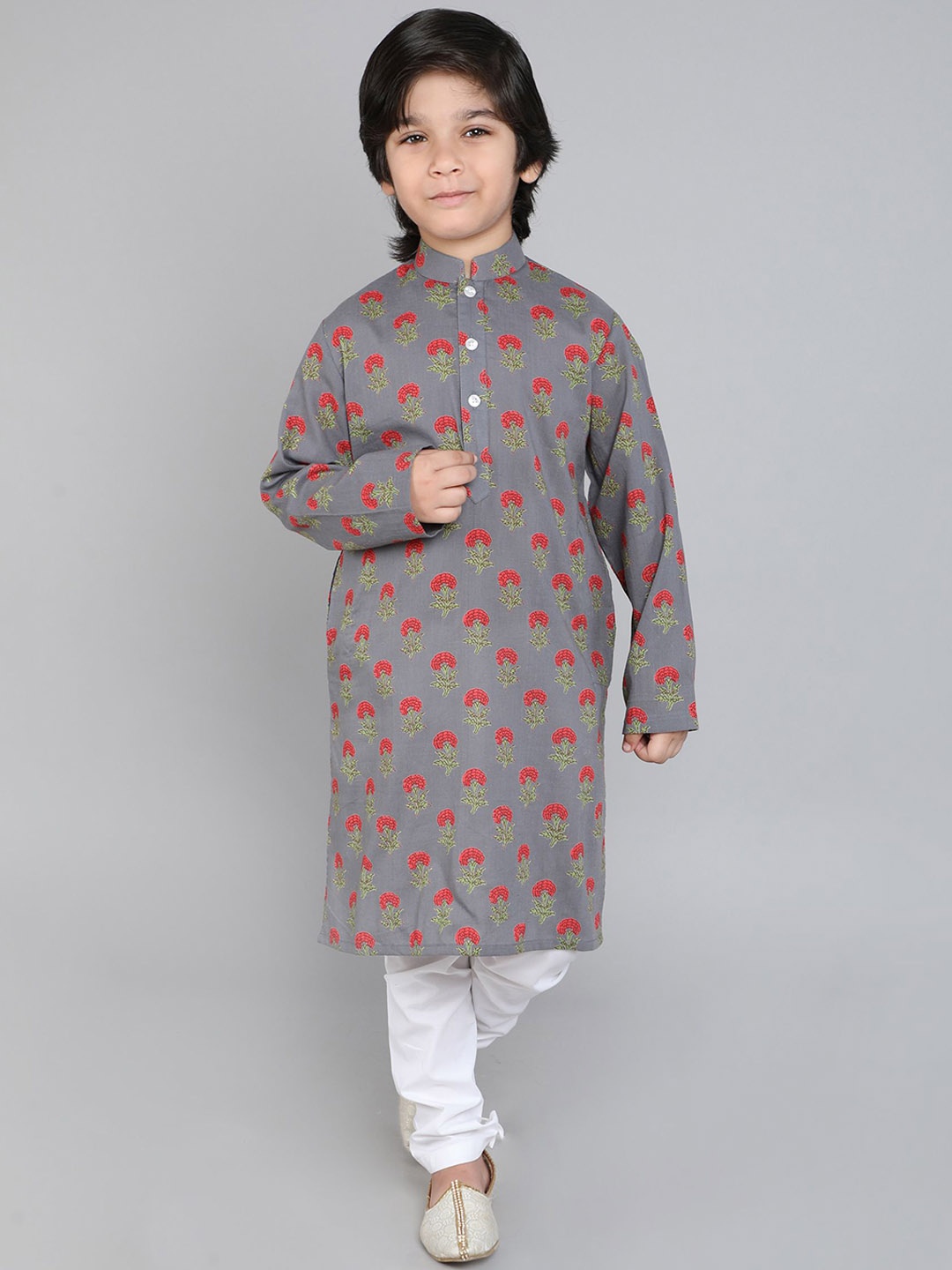 

Little Clothings Boys Floral Printed Regular Pure Cotton Kurta with Churidar, Grey