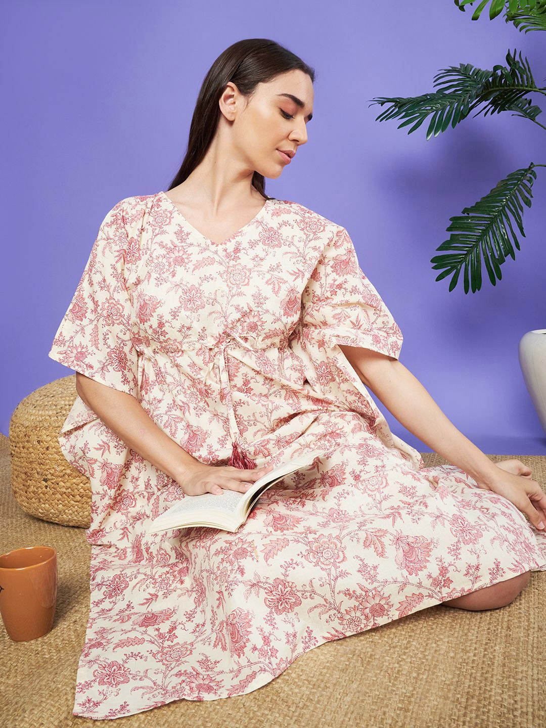 

HERE&NOW Women Floral Printed V-Neck Pure Cotton Kaftan Nightdress, Cream